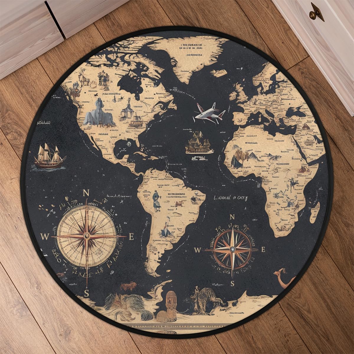 Round Area Rug 3 ft - Compass Map Washable Circle Rugs Non Slip Round Floor Mat - Soft Large Carpet for Living Room Nursery Bedroom Kitchen