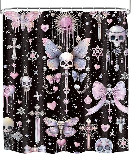 Miniatura 8 de Cortina de ducha con diseño de calavera negra y morado, de 60 pulgadas de ancho x 72 pulgadas de alto, esqueleto gótico gótico, polilla cruzada,