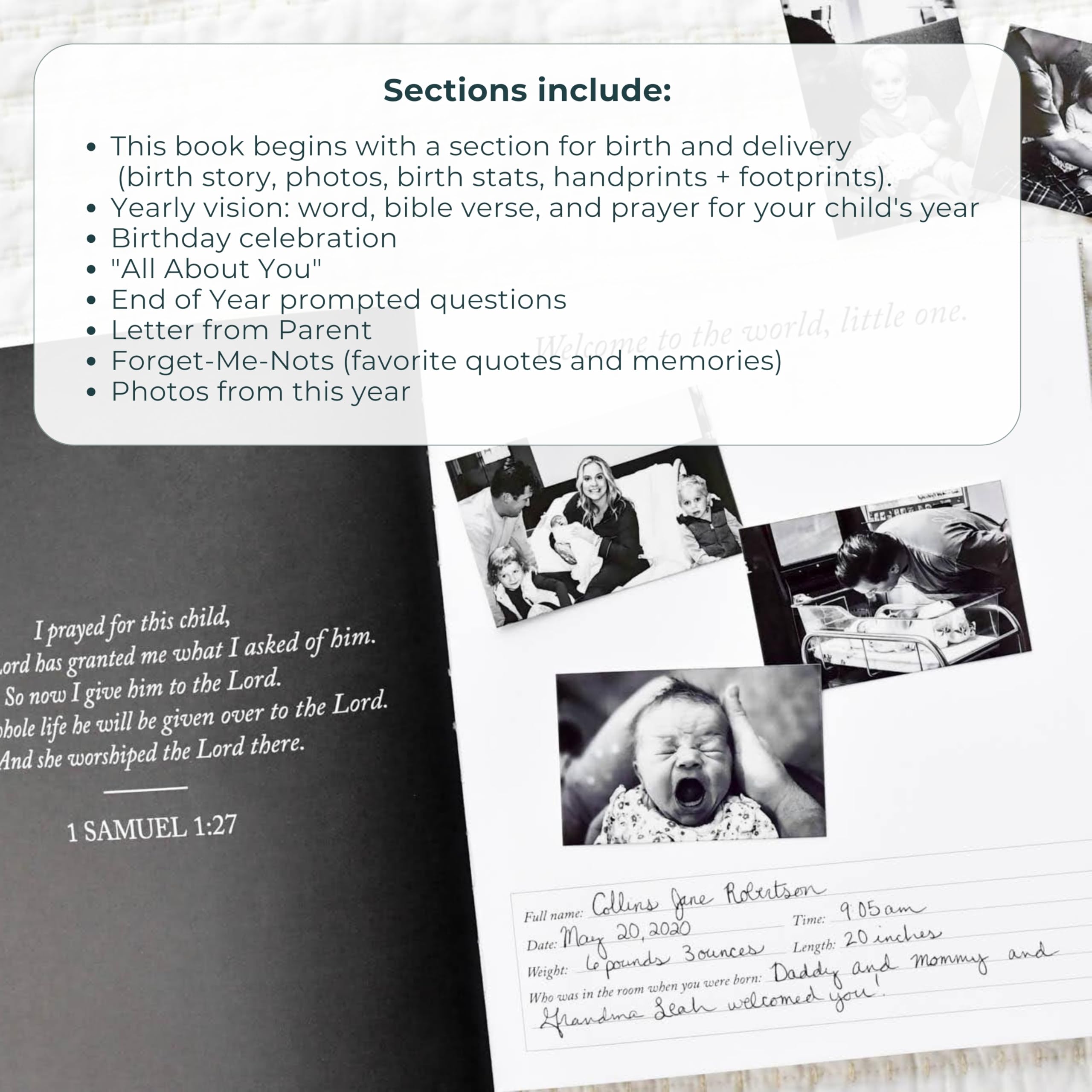 Libro dei ricordi per bambini, libro dei ricordi dell'infanzia per pietre miliari, album fotografico per bambini con spazio per scrivere, diario dei ricordi di famiglia con prompt (grigio, 230 pagine)