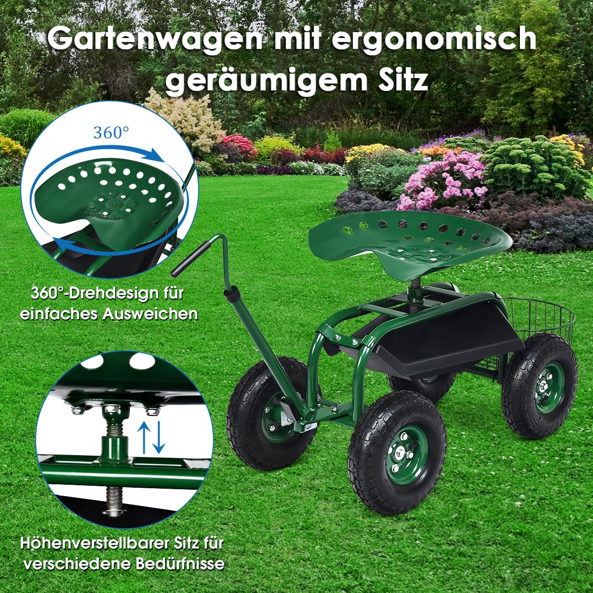 COSTWAY Rollsitz mit Rollen, Gartenwagen mit ausziehbarem Griff & Korb, 360 ° drehbar | höhenverstellbar| bis 150kg, fahrbarer Gartensitz, Gartenrollsitz für Gartenarbeit, Grün (96,5x47,5x47-55cm)