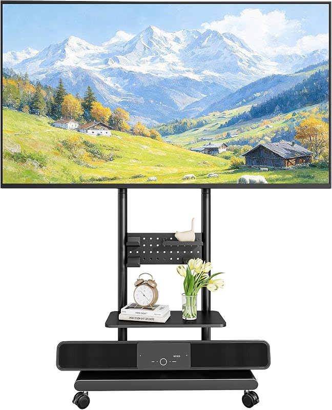 Mobile TV Stand on Wheels for 37-75 inch TVs up to 70kg, Swivel Mobile TV Cart with Shelf & Pegboard, Height Adjustable Rolling TV Trolley with Steel Base, TV Floor Stand Max VESA 600x400mm