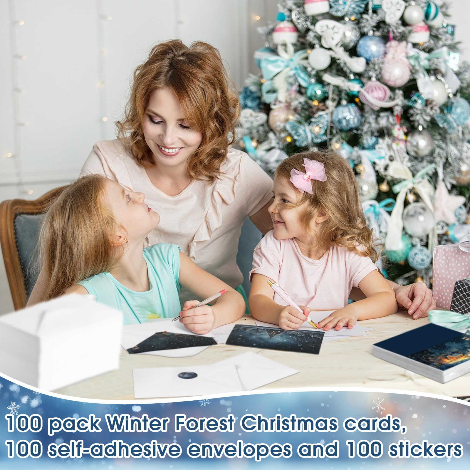 Motiskyy Lot de 100 cartes de Noël avec enveloppes et autocollants, assortiment de cartes de vœux en vrac pour Noël, Nouvel An, 10 motifs, 15,2 x 10,2 cm (forêt hivernale)