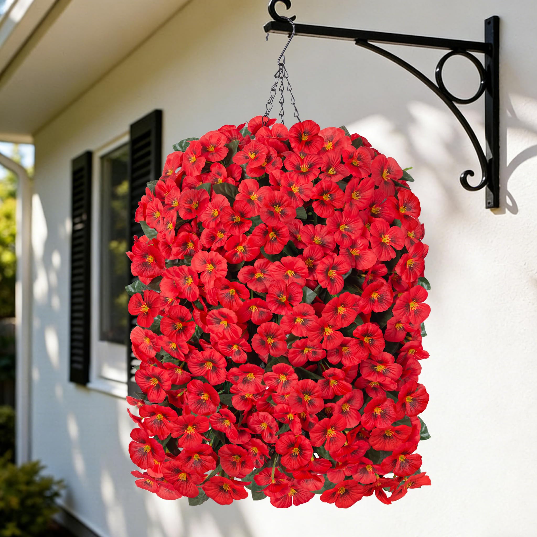 Photo 1 of HyeFlora 4pcs Artificial Flowers for Outdoors Fake Pansy with Hanging Basket UV Resistant Silk Spring Faux Flowers for Outside Front Door Porch Yard (Red)