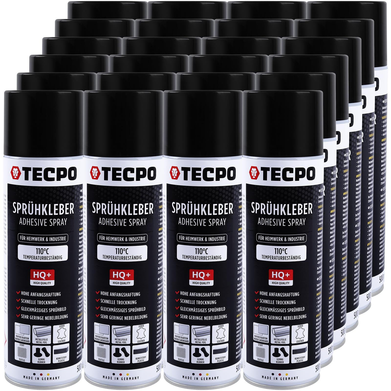 TECPO 1K Spray adhesivo 24 x 500 ml Spray adhesivo para techo de espuma, cielo nublado y paneles acústicos, transparente, resistente al calor hasta 110 °C