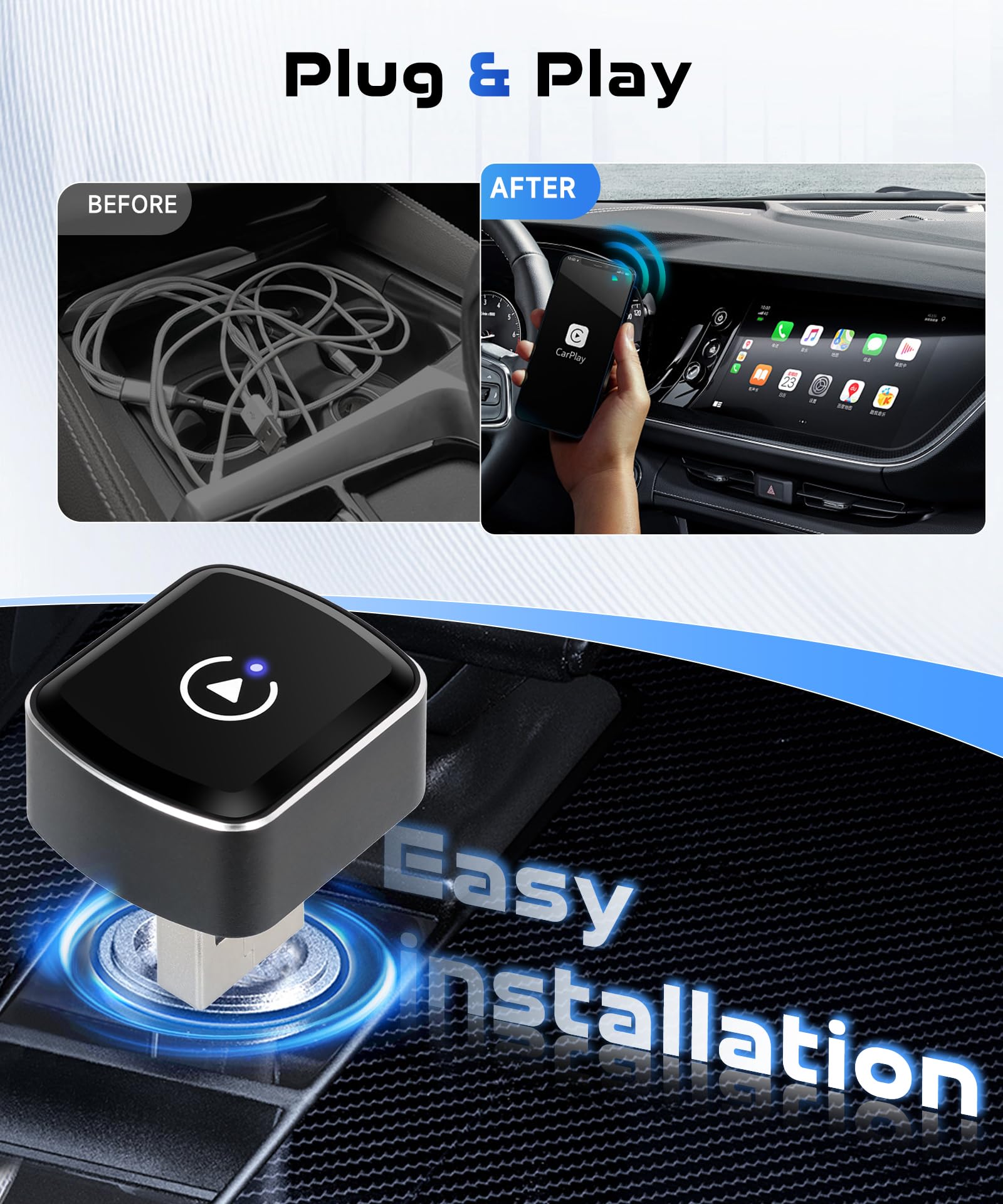 2 en 1 Sans fil Carplay Adapter & sans fil Android Auto Adapter, Convertir Wired Android Auto/Car Play en Wireless pour Les Voitures avec Wired CarPlay, Car Play Adaptateur USB/Type-C Plug & Play