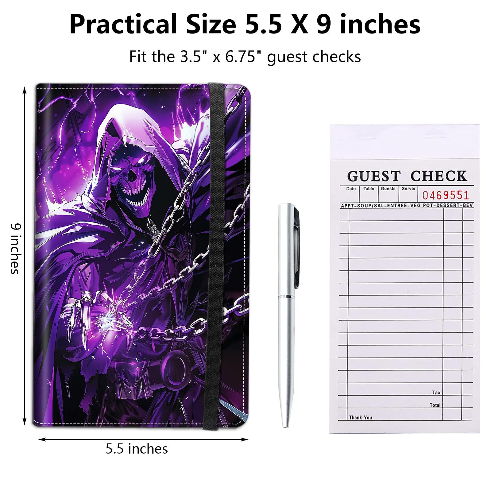 Server Book for Waitress,5.5x9 Inch - Waiter Book with Zipper Pocket,Pen Holder & Cash Compartments,Waterproof PU Leather Guest Check Organizer for Tips,Cards, Receipts,Skull Cool Purple