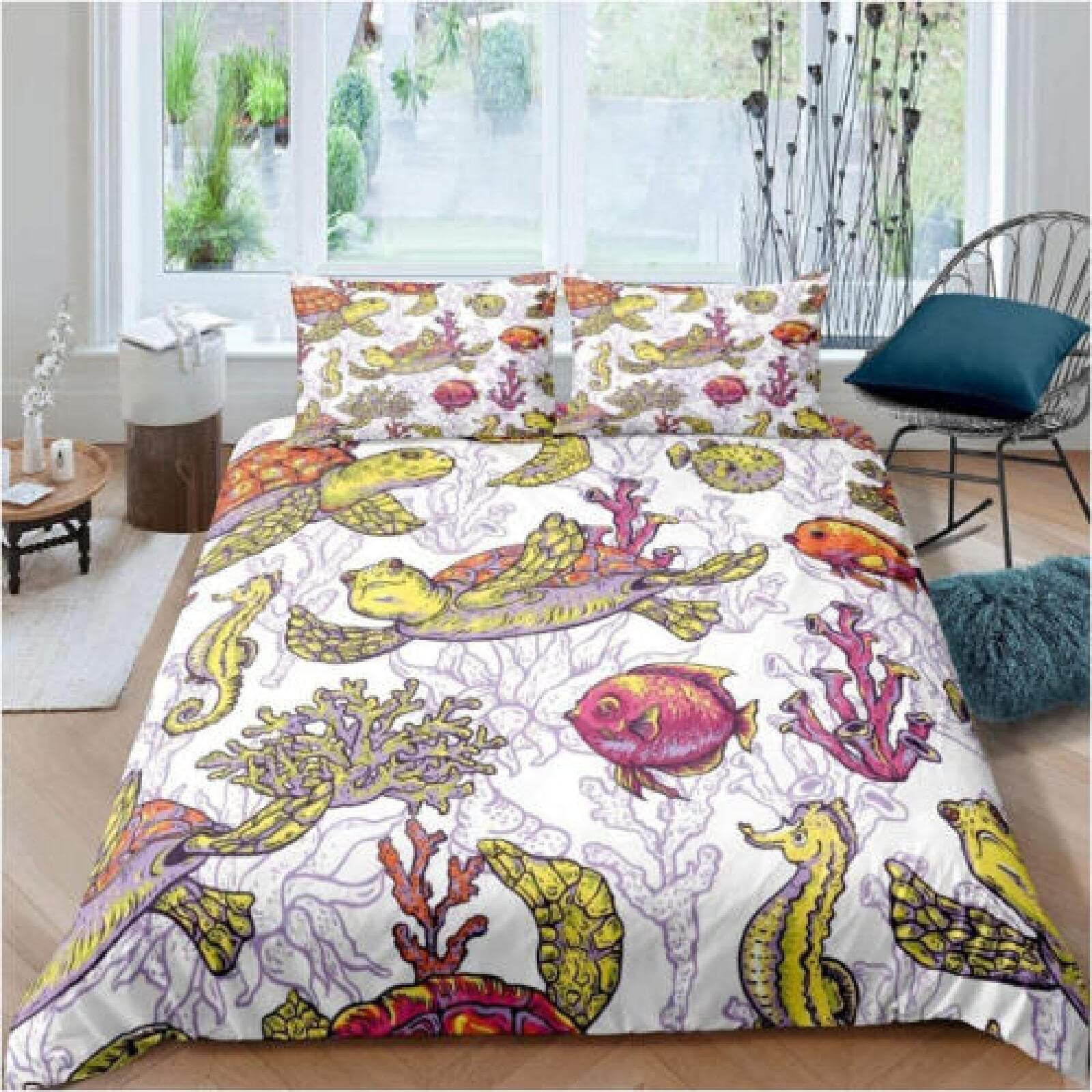Funda Nordica Cama 180 Pescado De Mar Blanco, Edredon Nordico Juveniles Modernas Invierno, 1 Funda Edredon 240X260 Cm Y 2 Funda De Almohadas 50X75 Cm Con Correa De Fijación Y Cremallera Metálica.