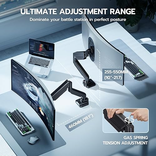 Miniatura 7 de ARES WING Brazo de monitor ultraancho, soporte de monitor único resistente para pantallas curvas de 13 a 49 pulgadas, soporte ajustable para