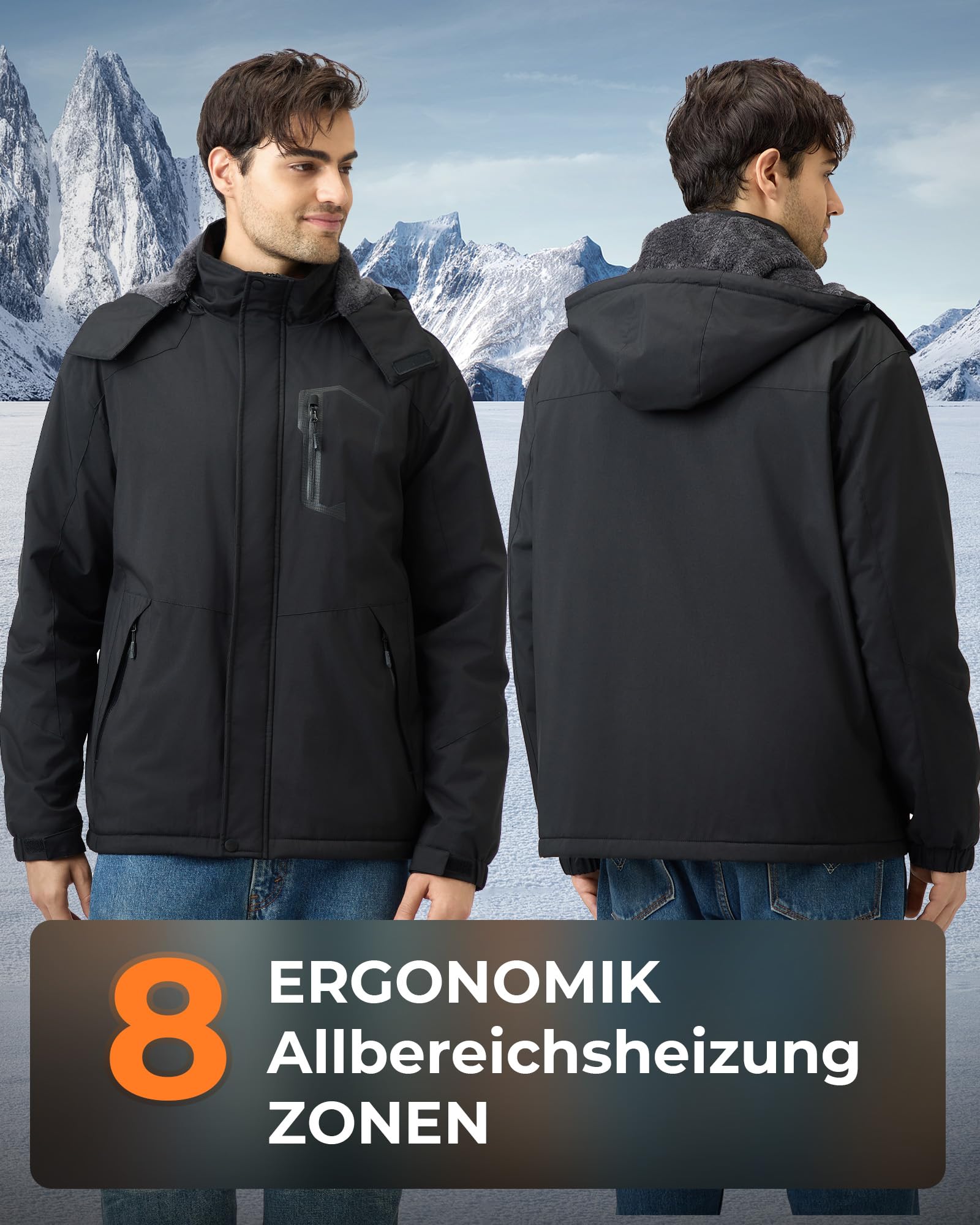Beheizbare Jacke Herren mit Powerbank 12V 18400mAh, 8 Heizzonen Heizjacke mit 3 Temperaturstufen, Winter Parka Jacke HerrenWinddicht Outdoor Warme Fleecejacke mit Abnehmbar Kapuze