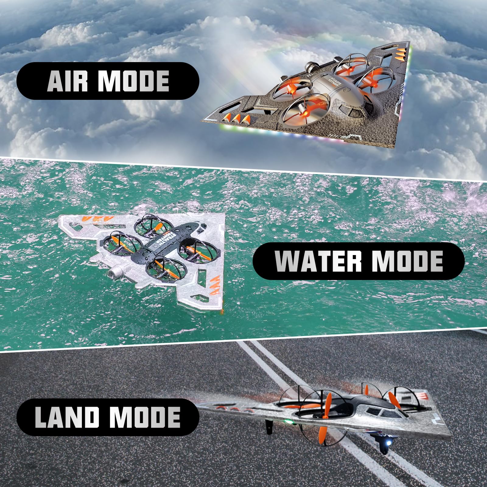 A Alpha Avión Teledirigido RC 3 en 1 – Jet RC para Aire, Tierra y Agua, Drone Juguete para Niños y Adultos