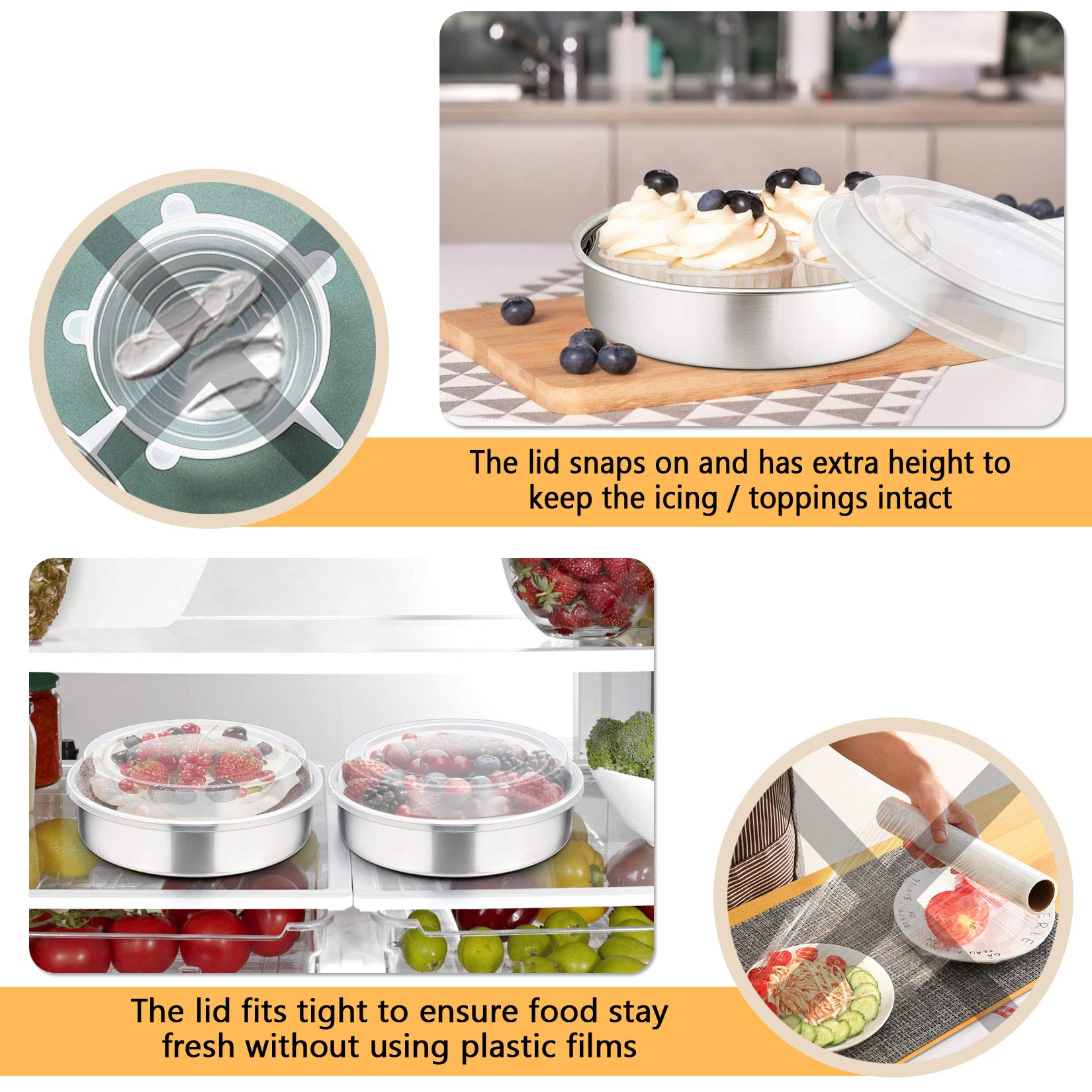 P&P CHEF Juego de moldes para tartas de 8 pulgadas con tapa (3 sartenes + 3 tapas), molde redondo de acero inoxidable para picnic, boda, cumpleaños, sartén a prueba de fugas y tapa de plástico elevada