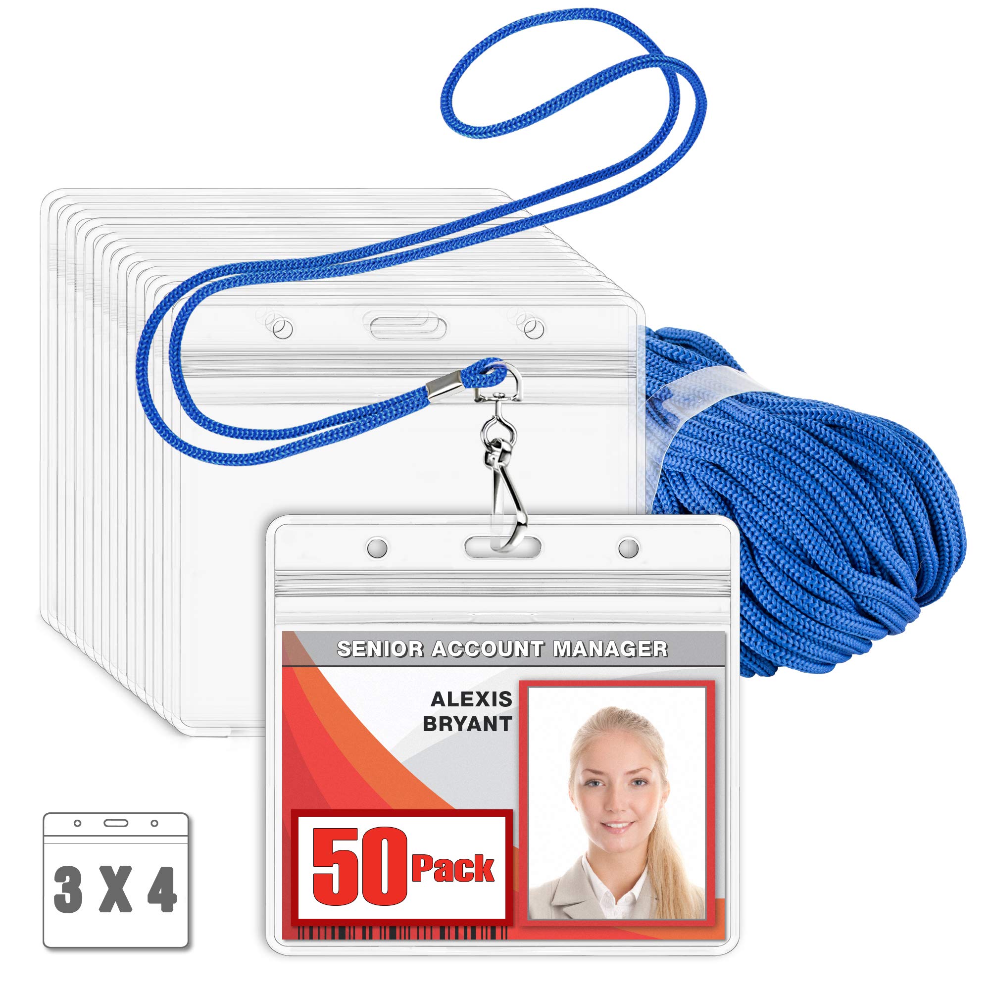 MIFFLIN Lanyard with Clear Horizontal Card Protector (Blue, 4x3 Inch, 50 PK), ID Name Badge Holder with Lanyard Set