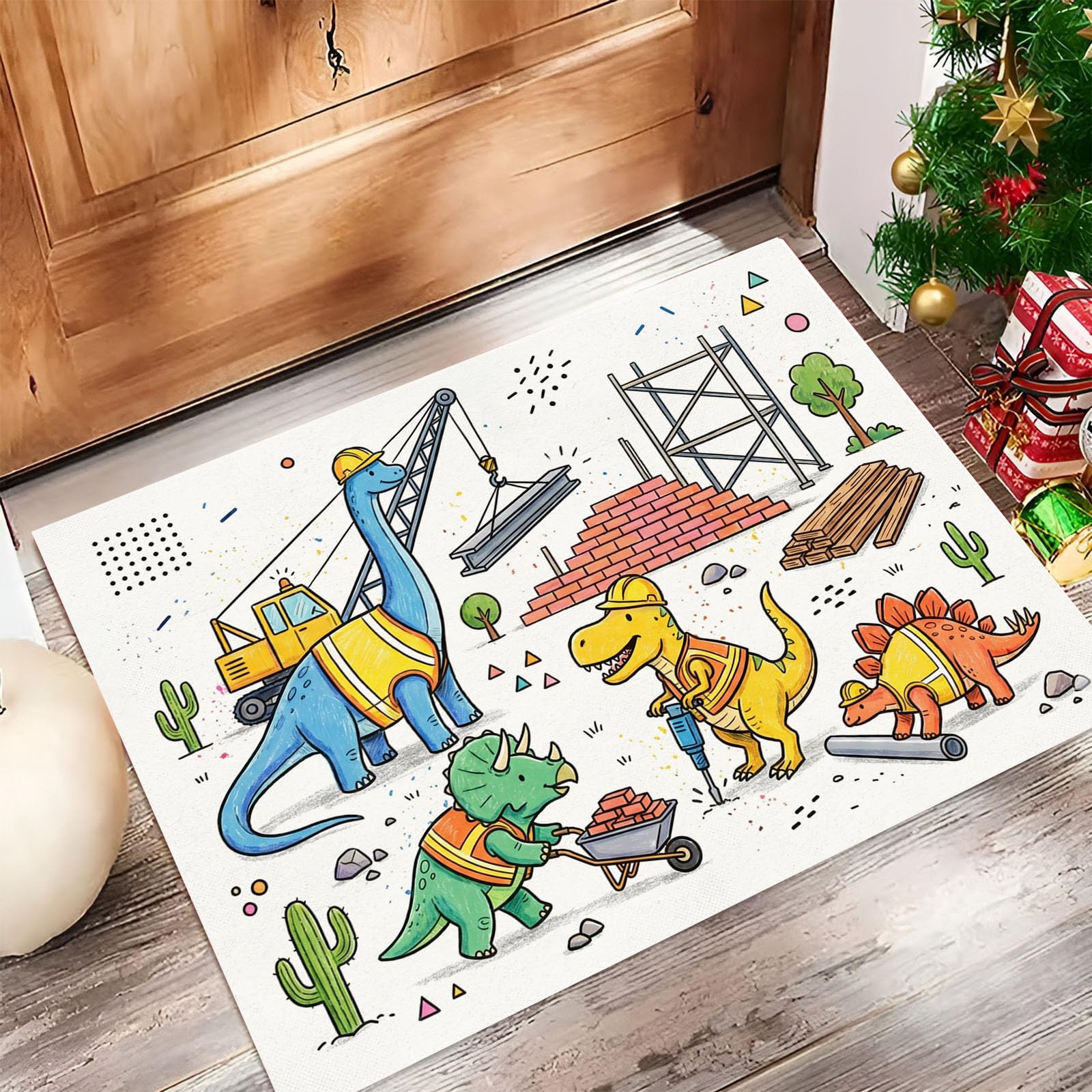 Felpudo de Entrada Dinosaurios Grúas Ladrillos, 80x120cm Alfombra para Puerta Constructores Dinosaurios, Antideslizante, Lavable Alfombrilla para Atrapar Suciedad para Pasillo, Cocina, Dormitorio