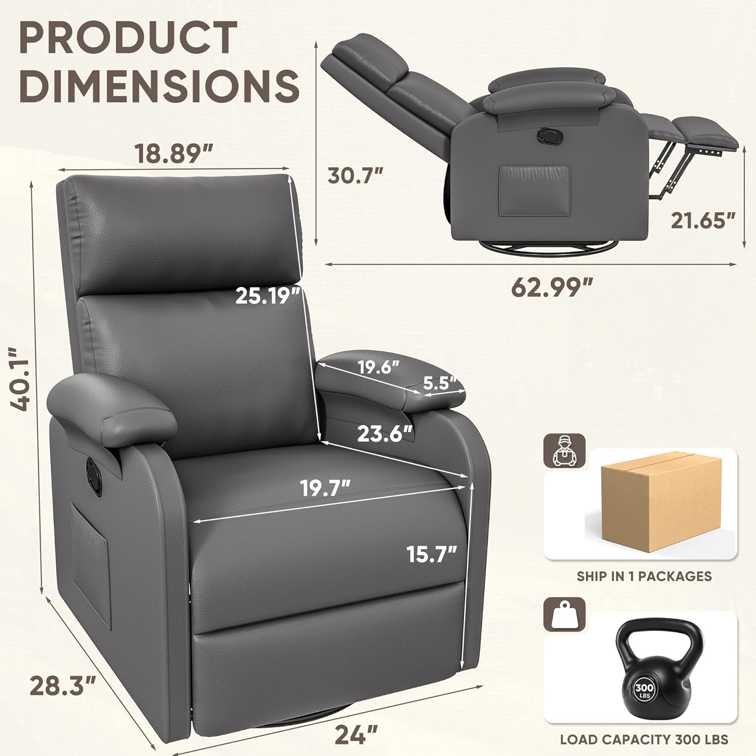 Homall Recliner Chair, 360 Swivel Rocking Chair for Adults, Massage Nursery Chair with Adjustable Backrest and Footrest, PU Leather Glider Rocker Recliners with Side Pocket for Living Room (Grey)