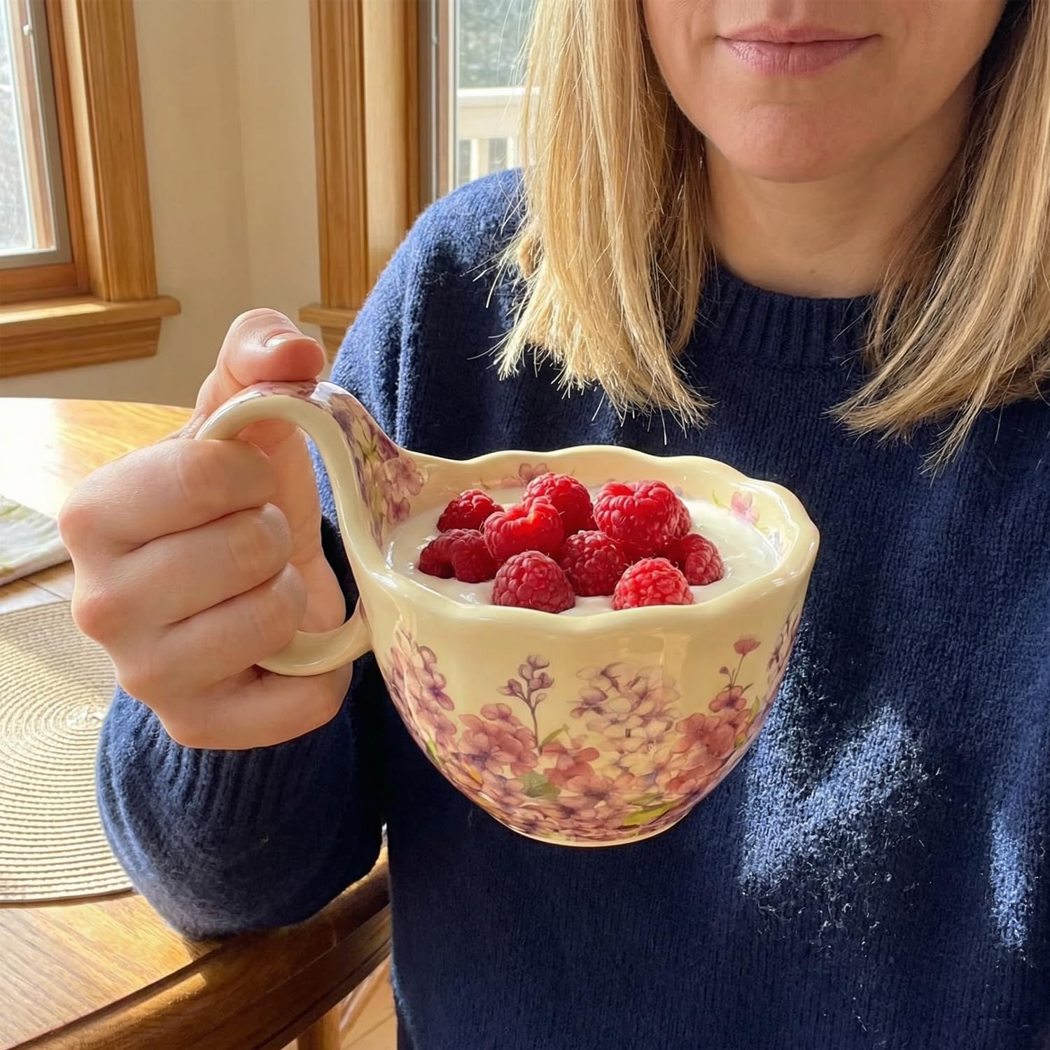 Ceramic Soup Bowls with Handles - 18oz Large Microwave & Dishwasher Safe Soup Mugs, Hand-Painted Floral Polish Pottery Style Bowls for Soup, Stew, Ice Cream (pink)