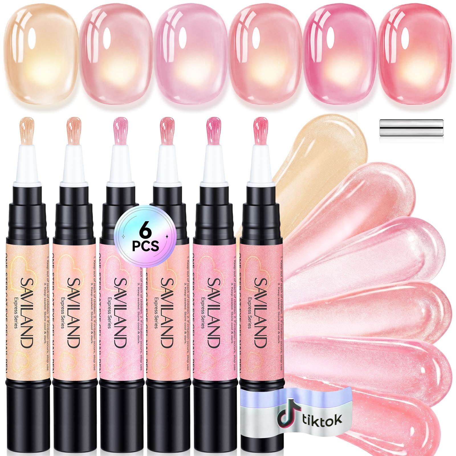 SAVILAND 6 Colori Smalto Pennarello per Unghie: 3 in 1 Smalto Gel Penna Base, Colori e Top Coat Gels Nail Polish con Magnete Nail Art Cat Eye Formato da Viaggio 4ml Occhio di gatto a forma di cuore