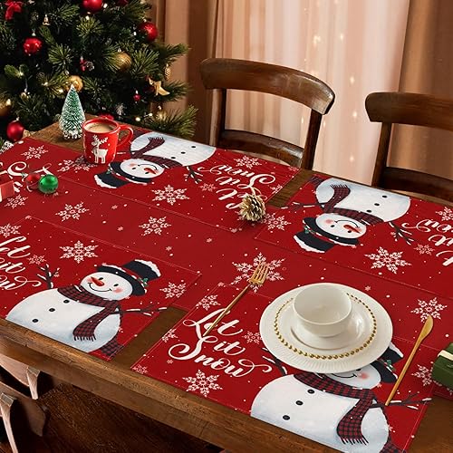 Miniatura 7 de Juego de 4 manteles individuales de Navidad, 12 x 18 pulgadas, diseño de muñeco de nieve de Navidad de 13 x 72 pulgadas, camino de mesa de muñeco de
