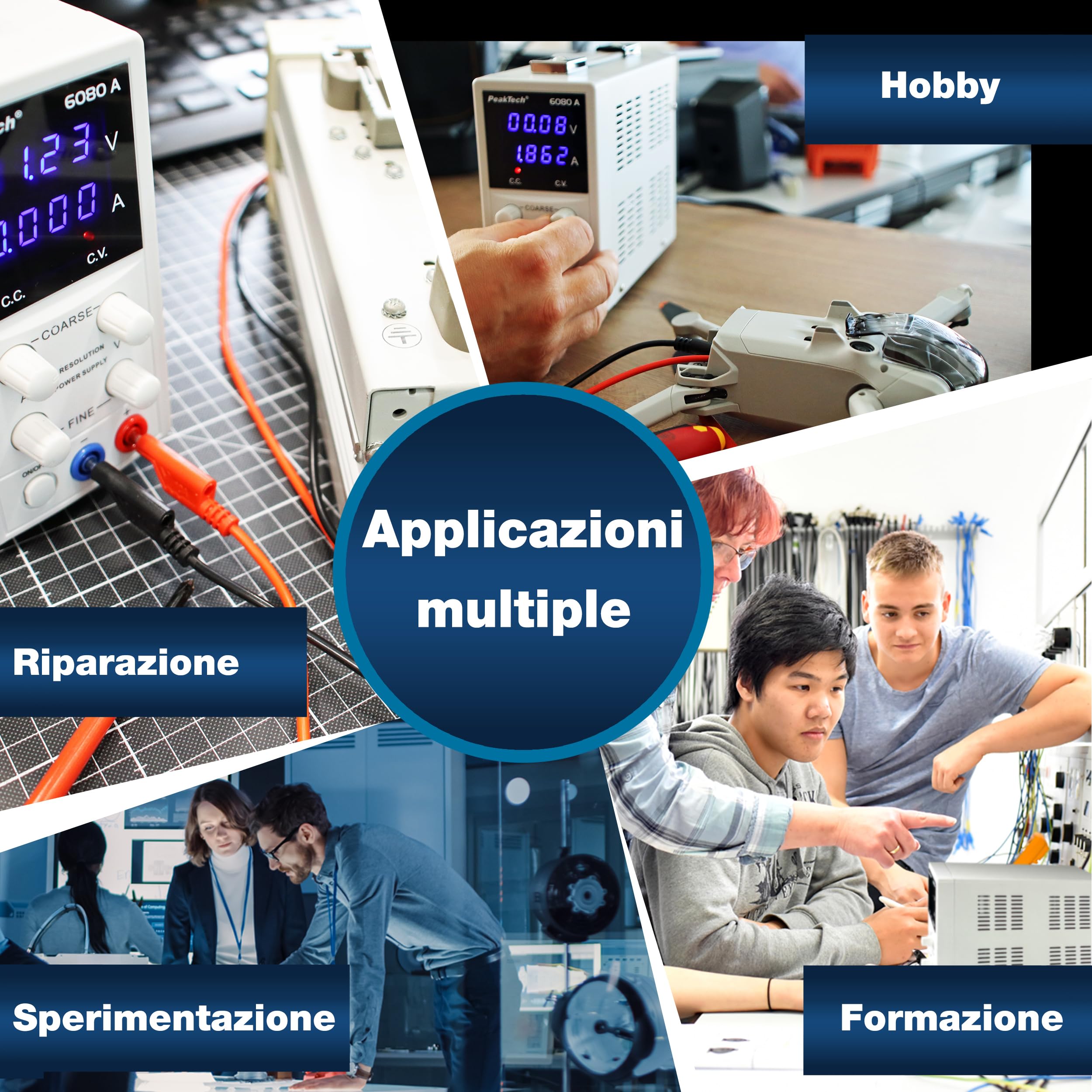 PeakTech 6080 A - Alimentatore da laboratorio 0–15 V / 0–3 A DC – Alimentatore professionale ad alta risoluzione con regolazione lineare, display a LED blu e protezione da bassissima tensione