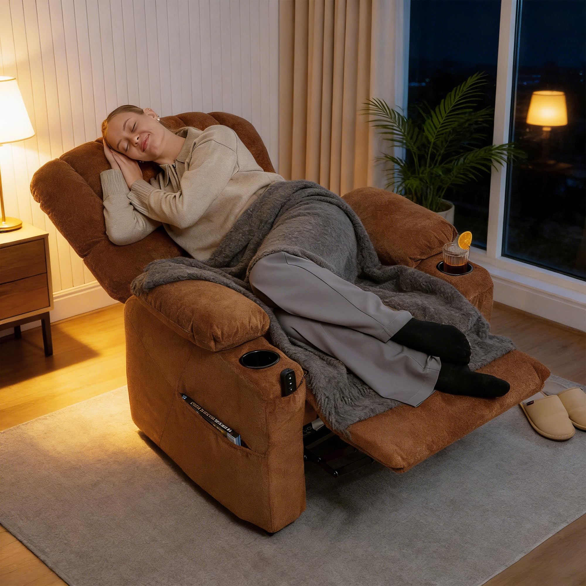 HOMCOM Sillón Relax Reclinable Eléctrico, Sillón Reclinable Silencioso de Terciopelo con Función Memoria, Reposapiés, Mando a Distancia, Bolsillos, Puerto USB, Portavasos, Respaldo Concha, Marrón