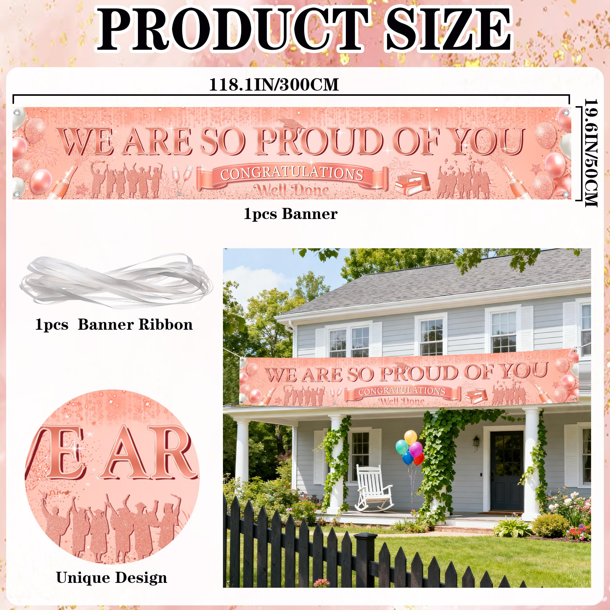 Flerramao Congratulations Banner Graduation Decorations, We Are So Proud of You Rose Gold Yard Banner - Image 2
