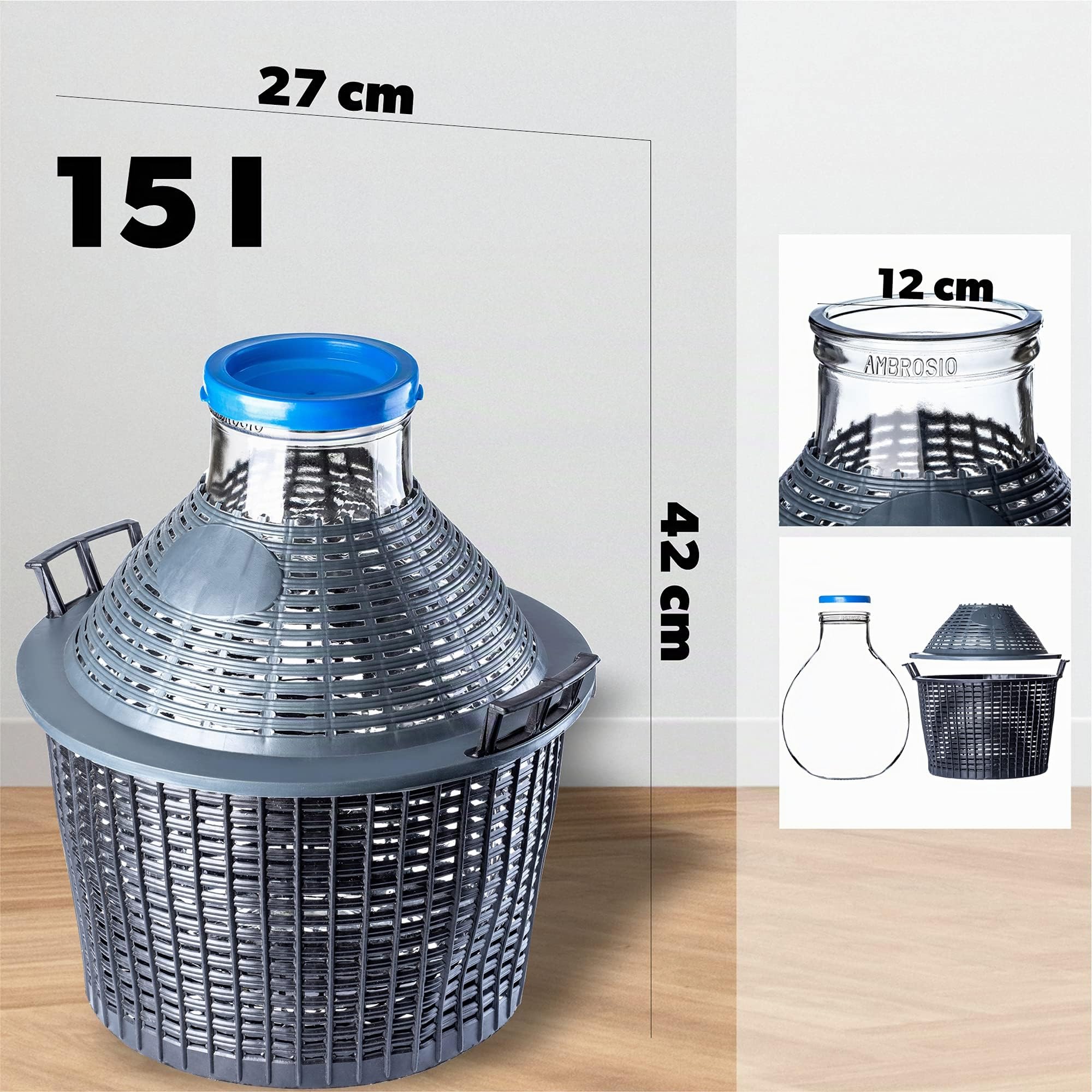 KADAX bonbonne en Verre 15L – Ballons de Fermentation à Large Ouverture avec Panier pour vin, bière & cidre