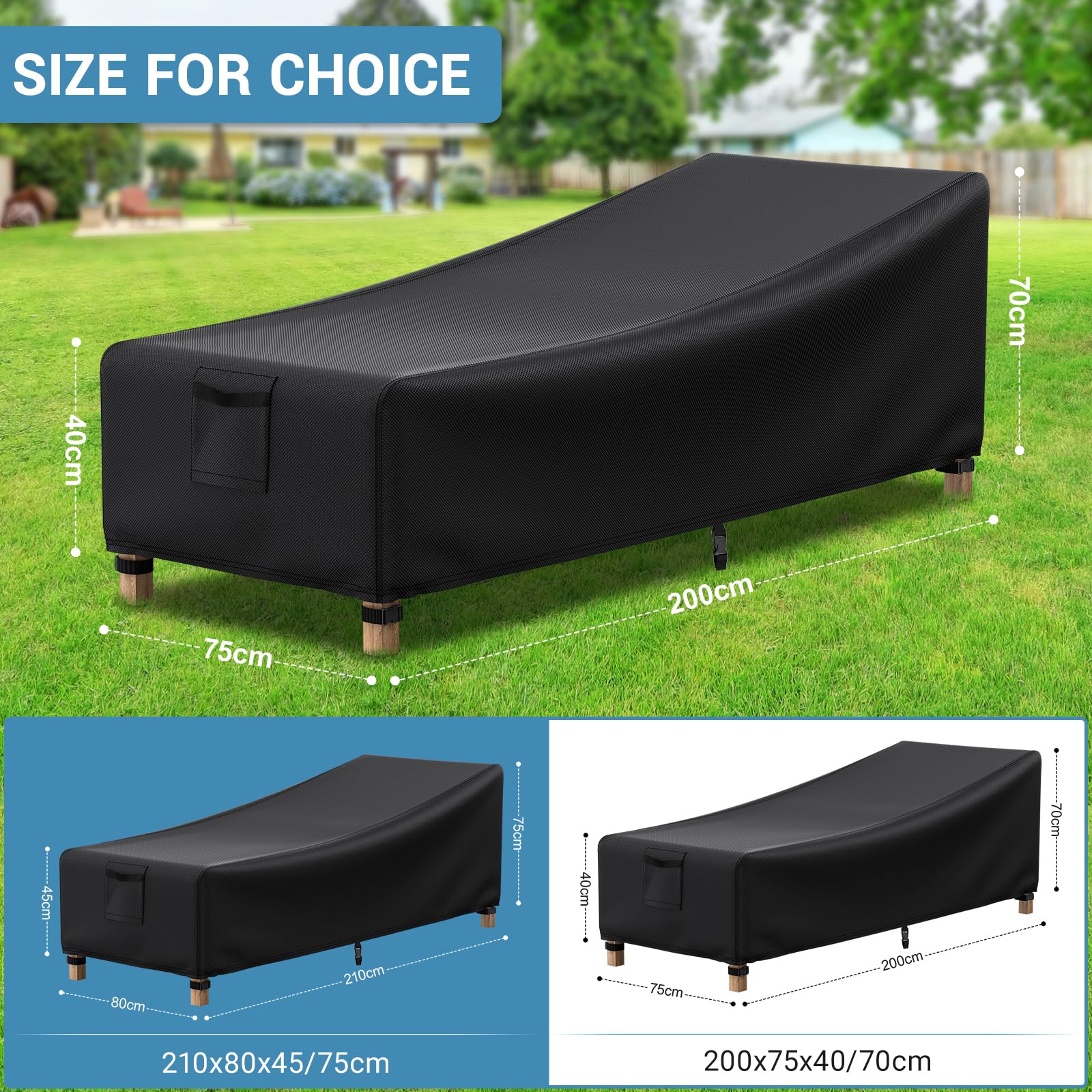 Funda para Tumbona de Jardín con Ventilación, Correas con Hebilla, 200x75x40/70cm, Funda Protectora para Tumbona de Jardín Impermeable 600D Oxford de Alta Resistencia