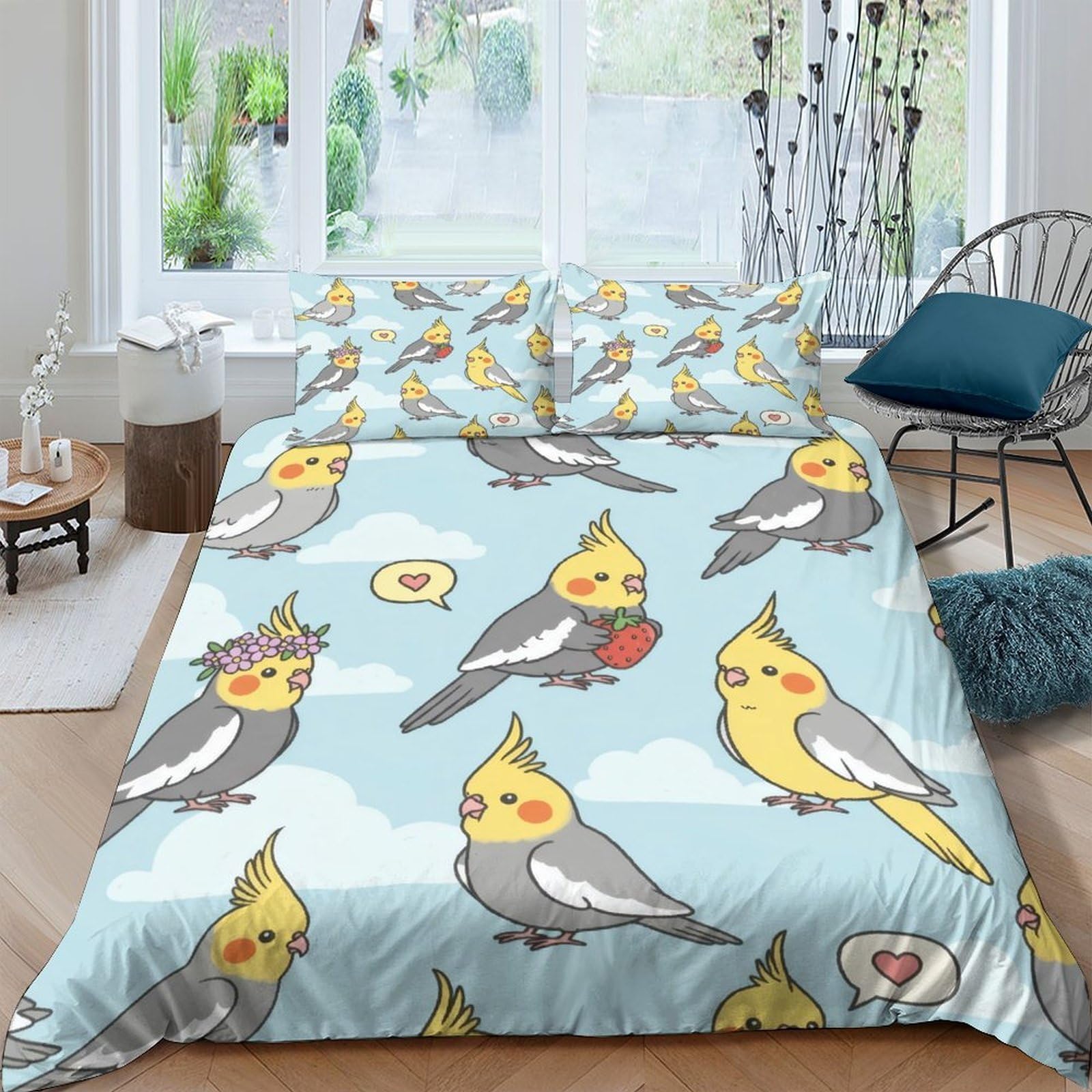 Ctjqhvkz Style-1 3D Printed Cockatiel Bird Fitted Sheet Microfiber Soft Blue Cartoon Parrot Bed Cover For Bedroom Dorm Decor Single（135X200cm）