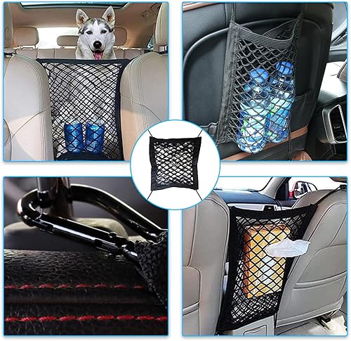 Miniatura 6 de Kewucn Organizador de malla de automóvil de 2 capas, elástico de cuatro lados, bolsa de red entre asientos delanteros, barrera de red para el