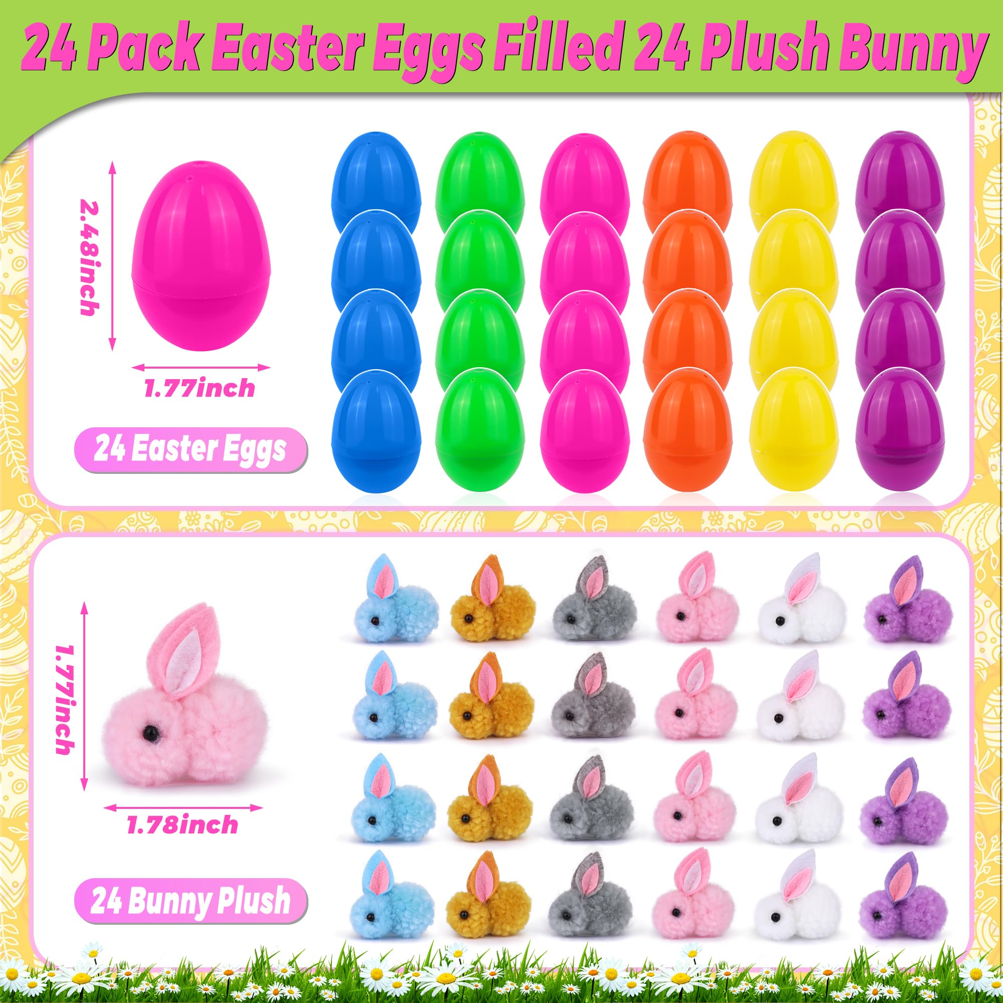 Condition photo showing New/Like New for 24 pack easter eggs fillers with bunny plush, easter basket stuffers with toys inside filled mini stuffed animals easter eggs hunts party favors surprise toys for kids toddlers boys girls