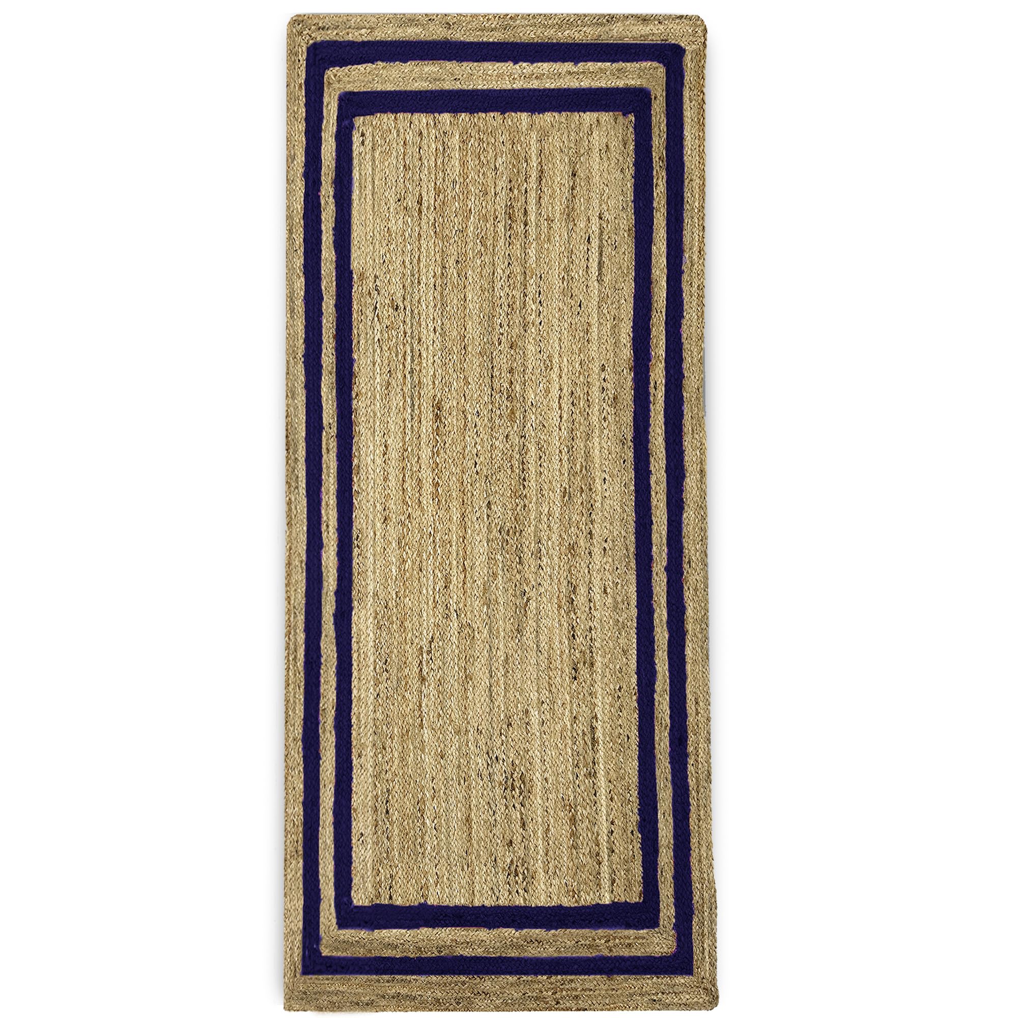 Tapis de couloir tissé main jute bordure bleu marine 0,7x3,7 m