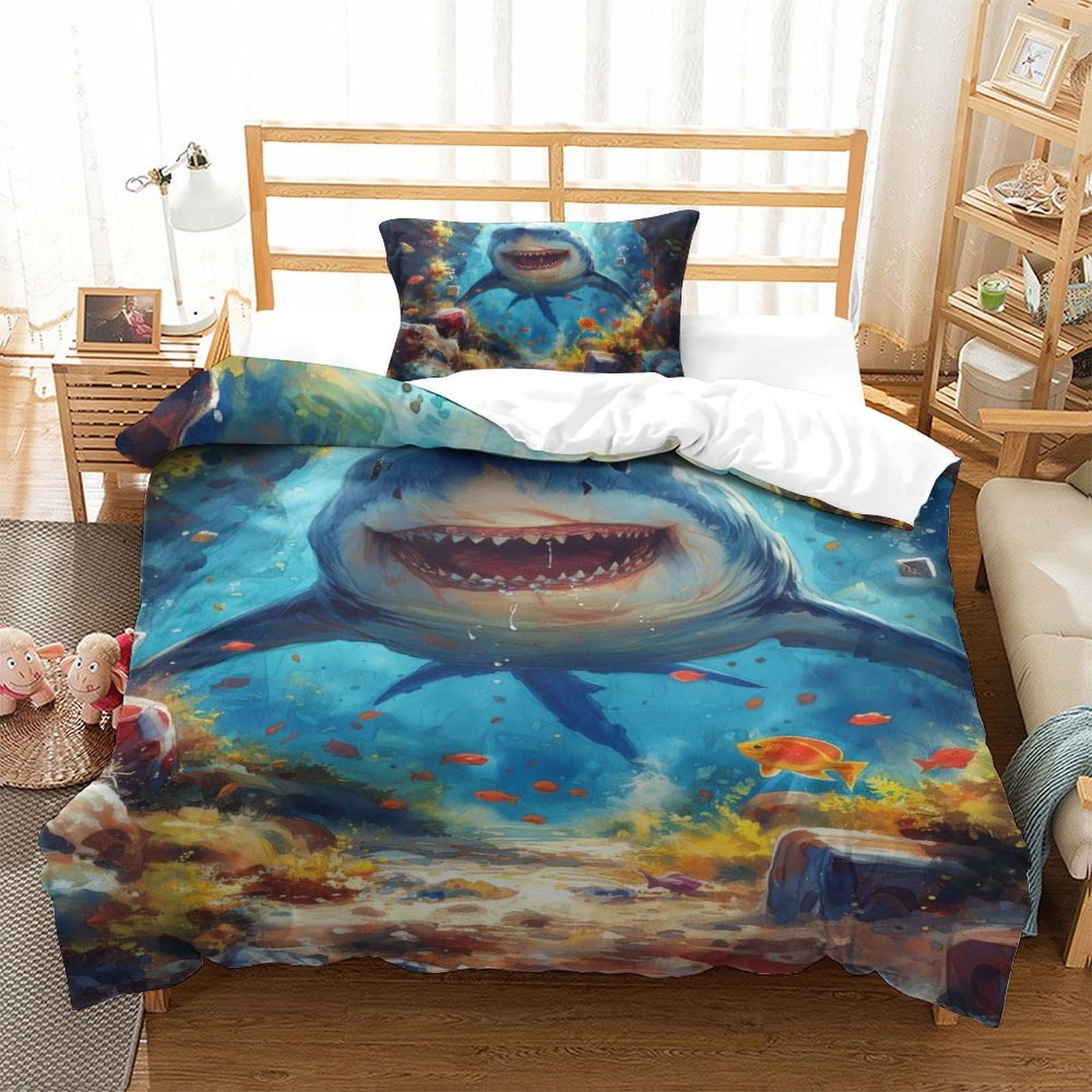 Housse de couette 135x200cm grand requin blanc parure de lit 3 pièces microfibre