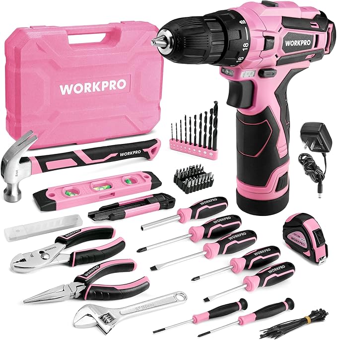 WORKPRO Pink Tool Set with Power Drill, 108PCS Portable Ladies Pink Drill Kit for Home with Toolbox and Pink Hammer, 1.5 Ah Cordless Drills with Keyless Chuck and Variable Speed Trigger