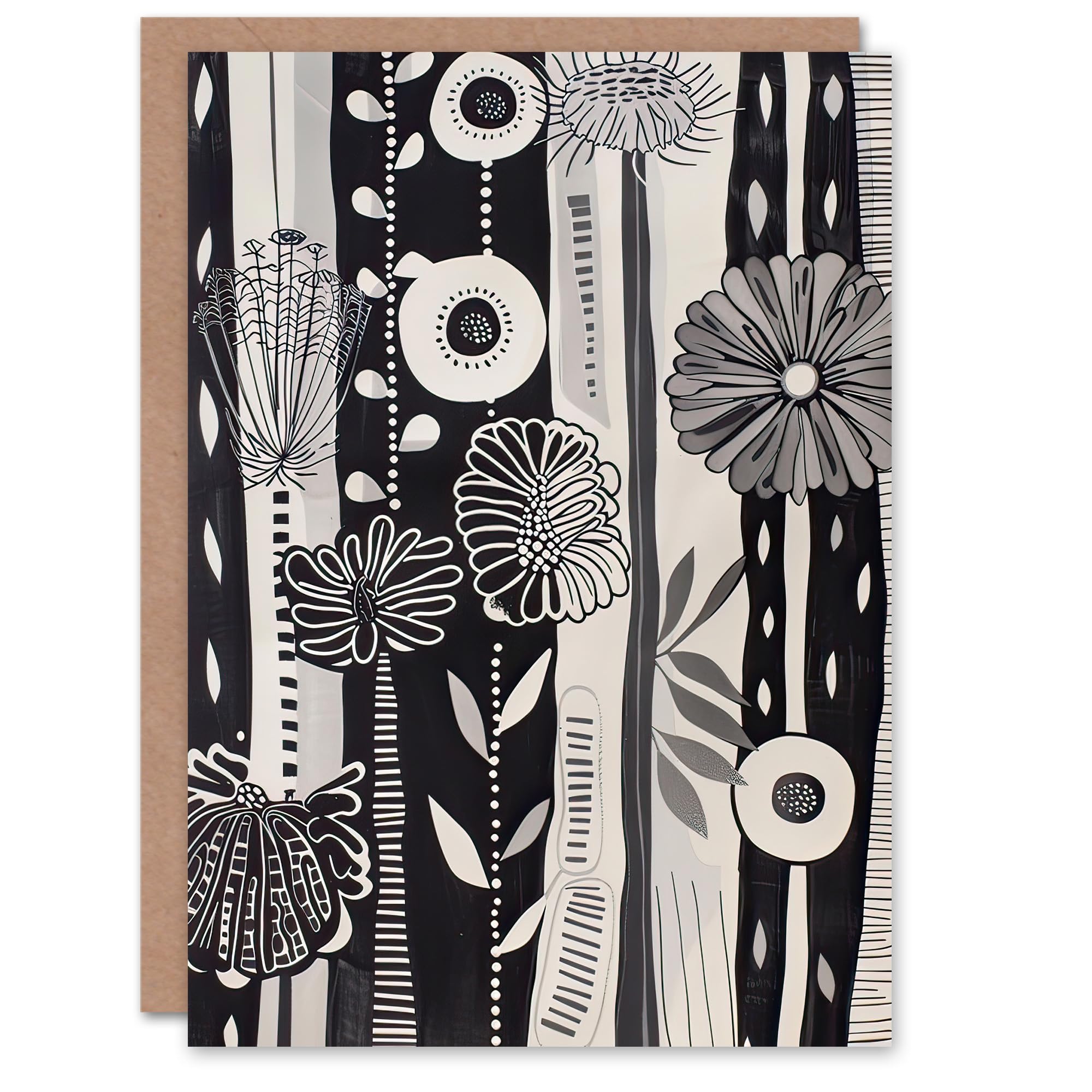 Greeting Card Black White Striped Wildflowers Artwork Floral Blank Birthday