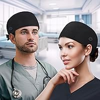 Vista 2 de QBA Gorra de trabajo ajustable con botón, gorro de trabajo de algodón, banda elástica para atar en la espalda, para mujeres y hombres, talla única
