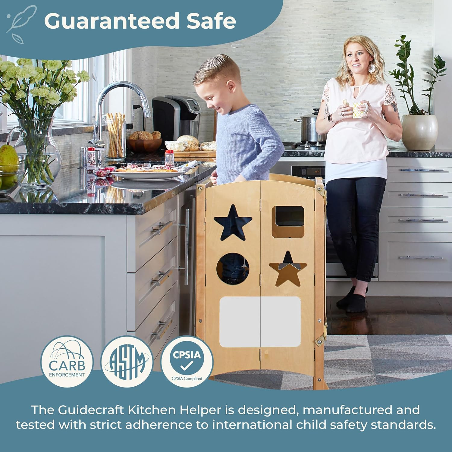 Guidecraft Classic Kitchen Helper - Natural: Adjustable Height, Folding Step Stool For Little Kids, Toddler Safety Cooking Tower with Write-on Wipe-off Message Boards. Kids Learning Furniture