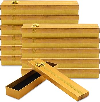 Lainrrew 12 Pcs Jewelry Gift Boxes, Cotton Filled Cardboard Paper Jewelry Box Gift Cases Bulk Necklace Earring Bracelet Ring Box for Birthday, Wedding, Mothers Day, 2 x 9.5 x 0.78Inches Gold
