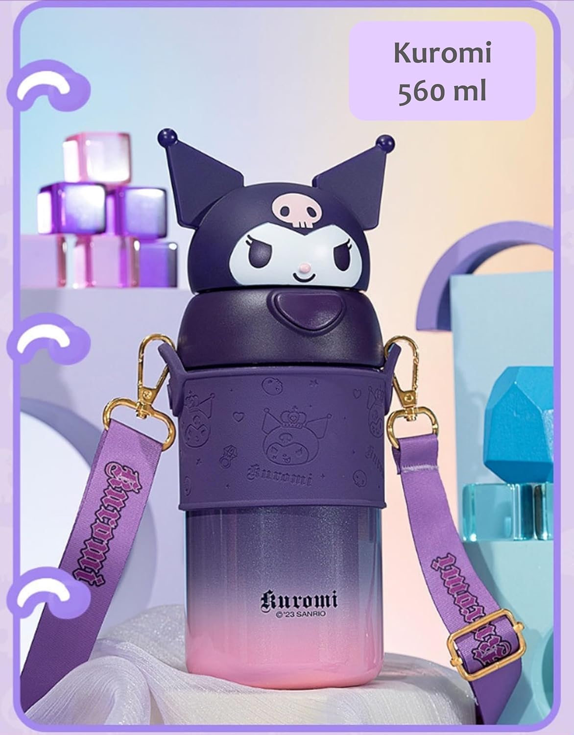 Kuromi Purple Stainless Steel Insulated Water Bottle (Straw) with Strap 560ml - Image 2