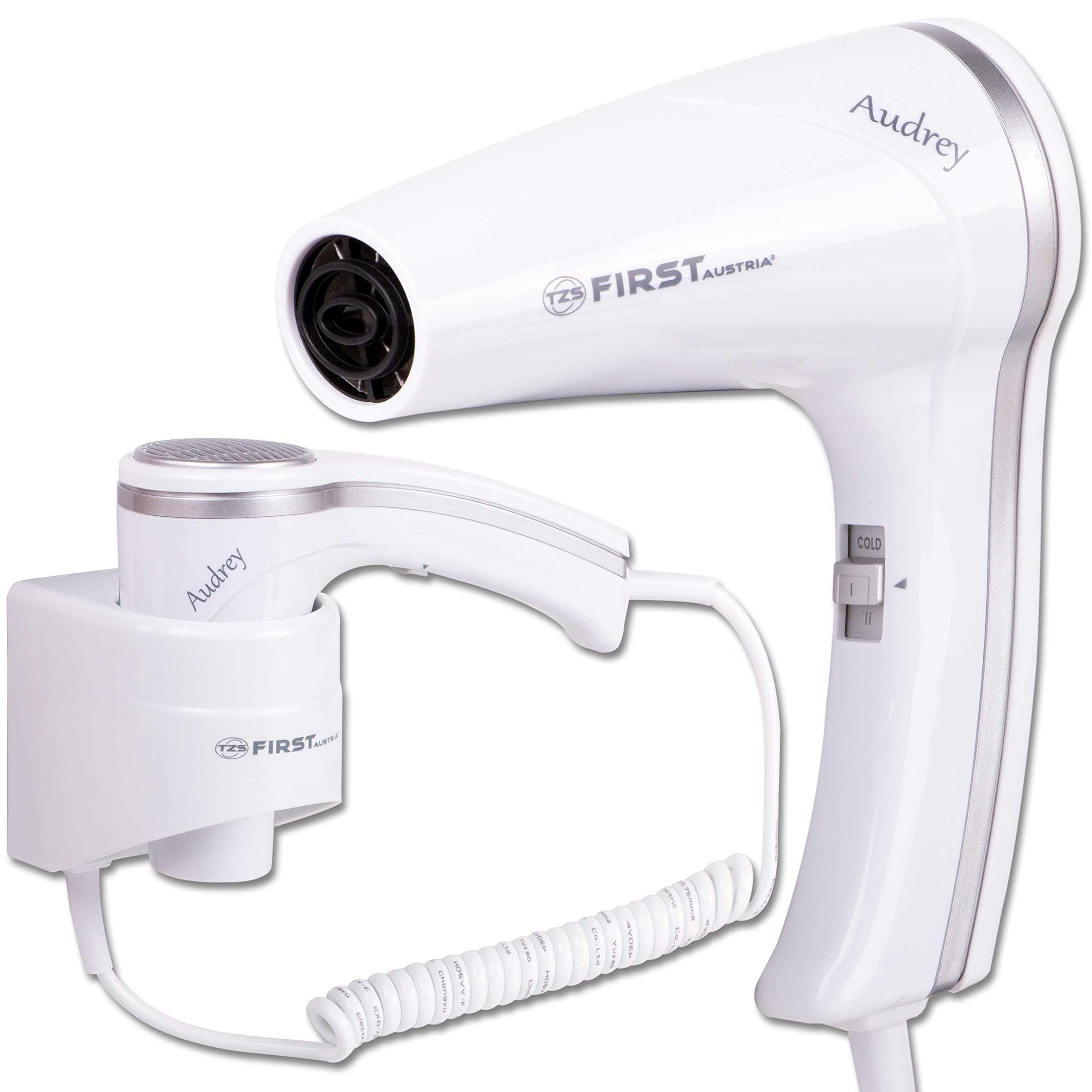TZS First Austria asciugacapelli da parete, salvaspazio, 1200W, 2 livelli calore, 1 velocità, cavo spirale 2m, colpo freddo, termoprotezione, bianco