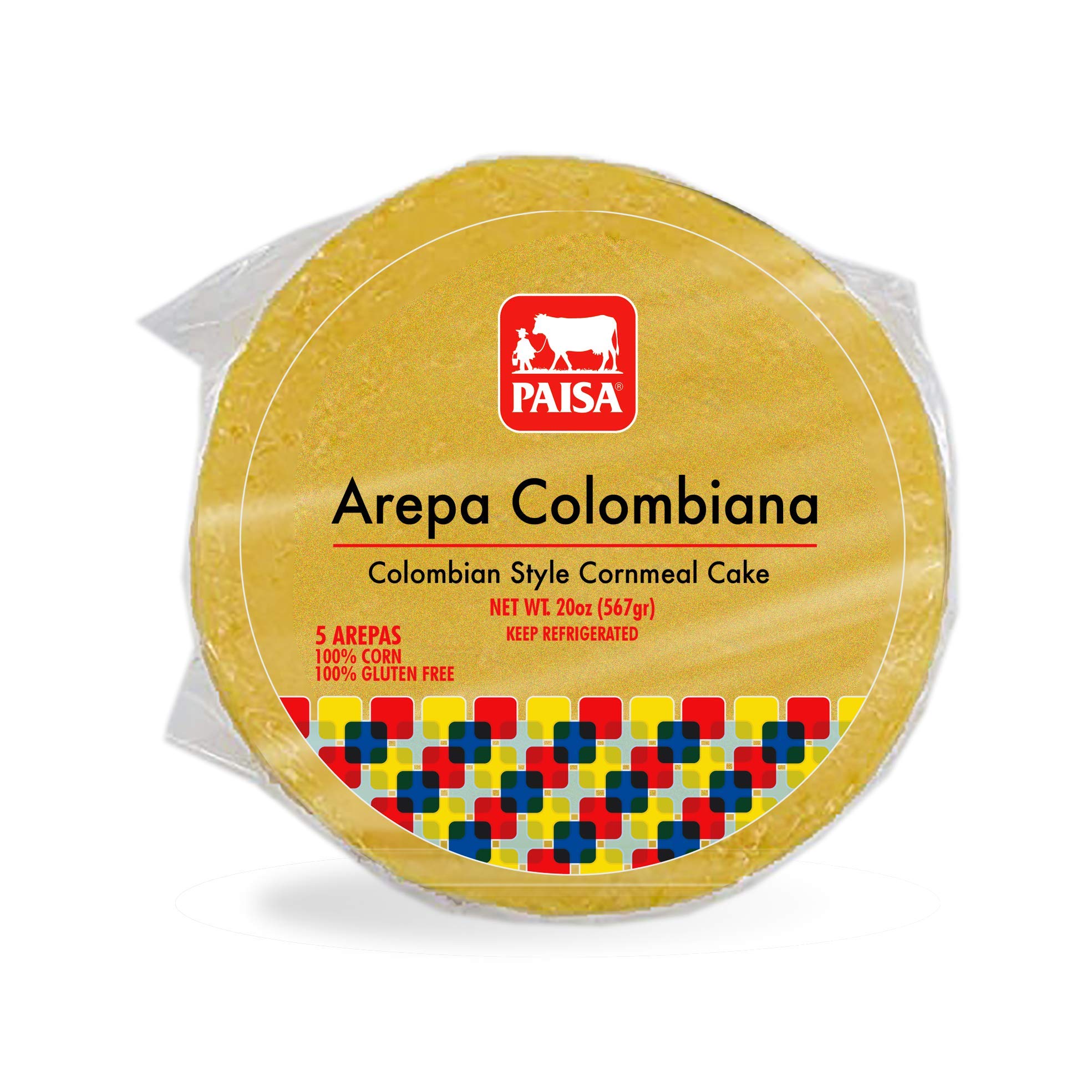Paisa Arepa Colombiana de Maiz Amarillos Colombian Style Cornmeal Cake Precooked Total count of arepas 20 (Packs of 5 Arepas)