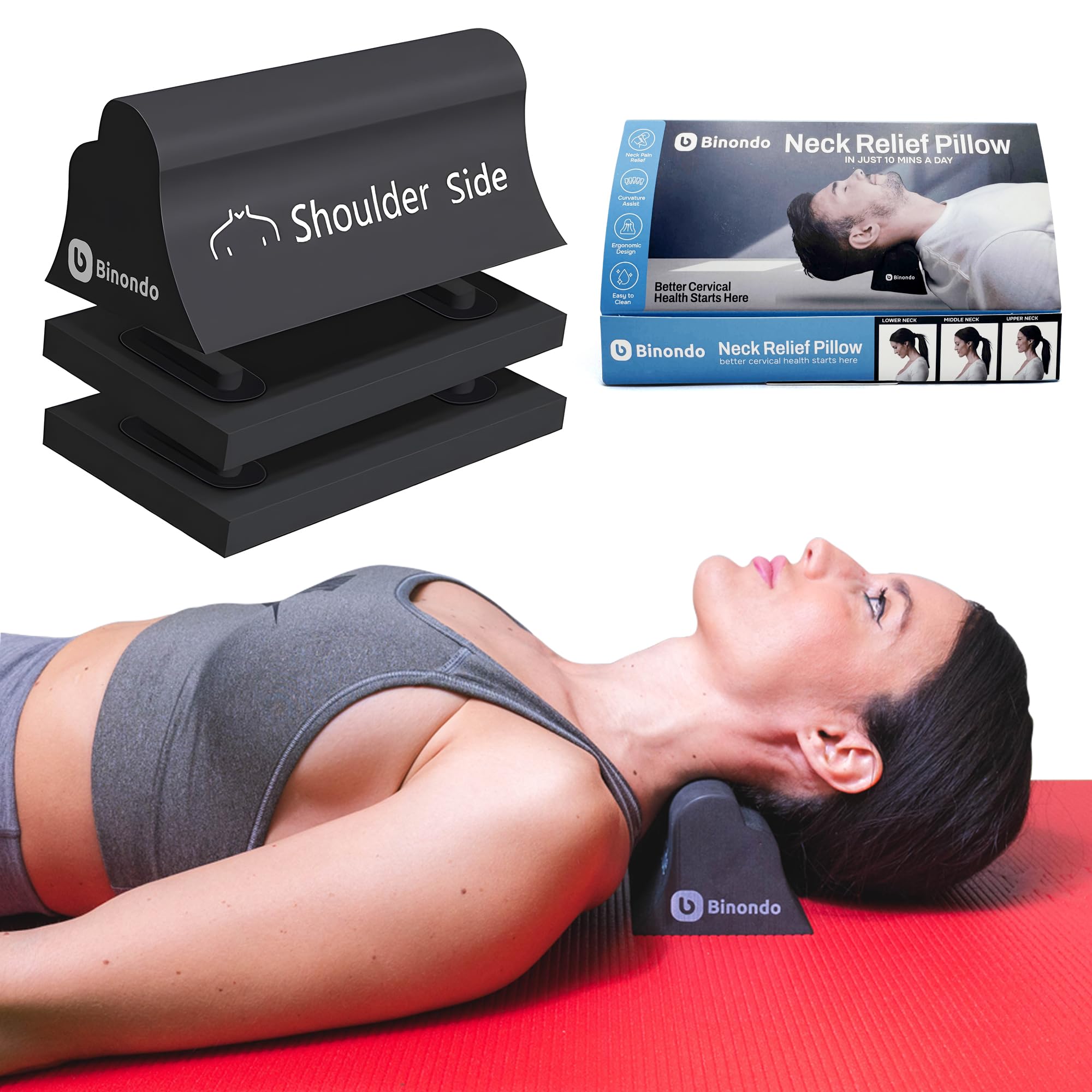 Binondo Almohada Cervicales y Cuello. Almohada Cervical Quiropráctica. Relajador Cervical. Alivio del Dolor y Tensión de Cabeza, Hombros y Cuello. Relajación y Alineación Cervical. 10 Minutos al Día.