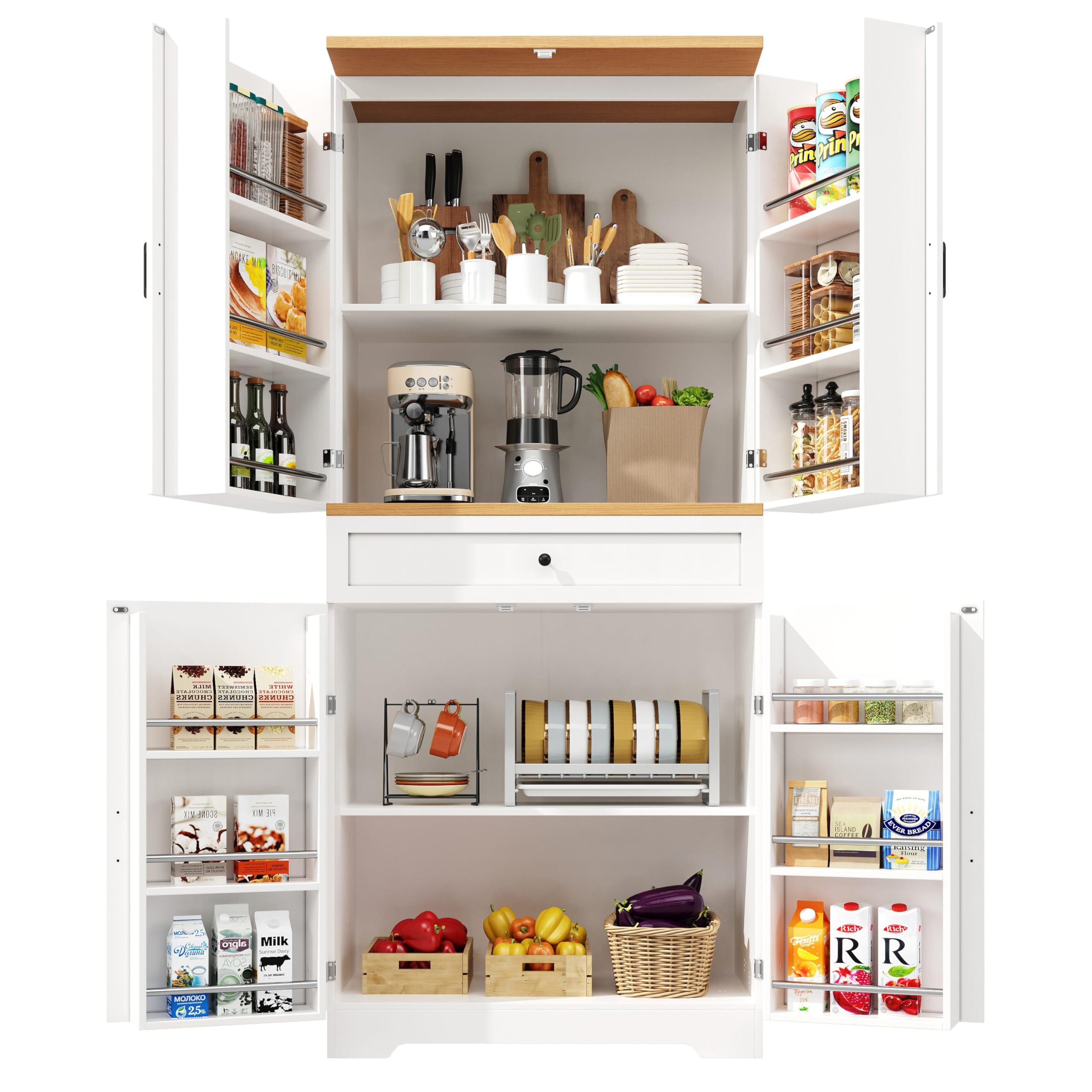 Hochwertiger Küchenschrank mit 12 Türfächern & Schubladen (80x40x180cm), Snack-Aufbewahrungsschrank aus MDF & Spanplatte, Buffetschrank für Esszimmer, Küche, Wohnzimmer