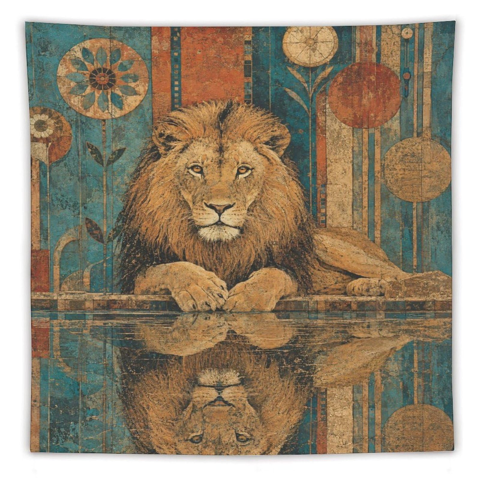 W7C8U2X3 Lion Reflection Wall Tapestry, Realistic Illustration Style