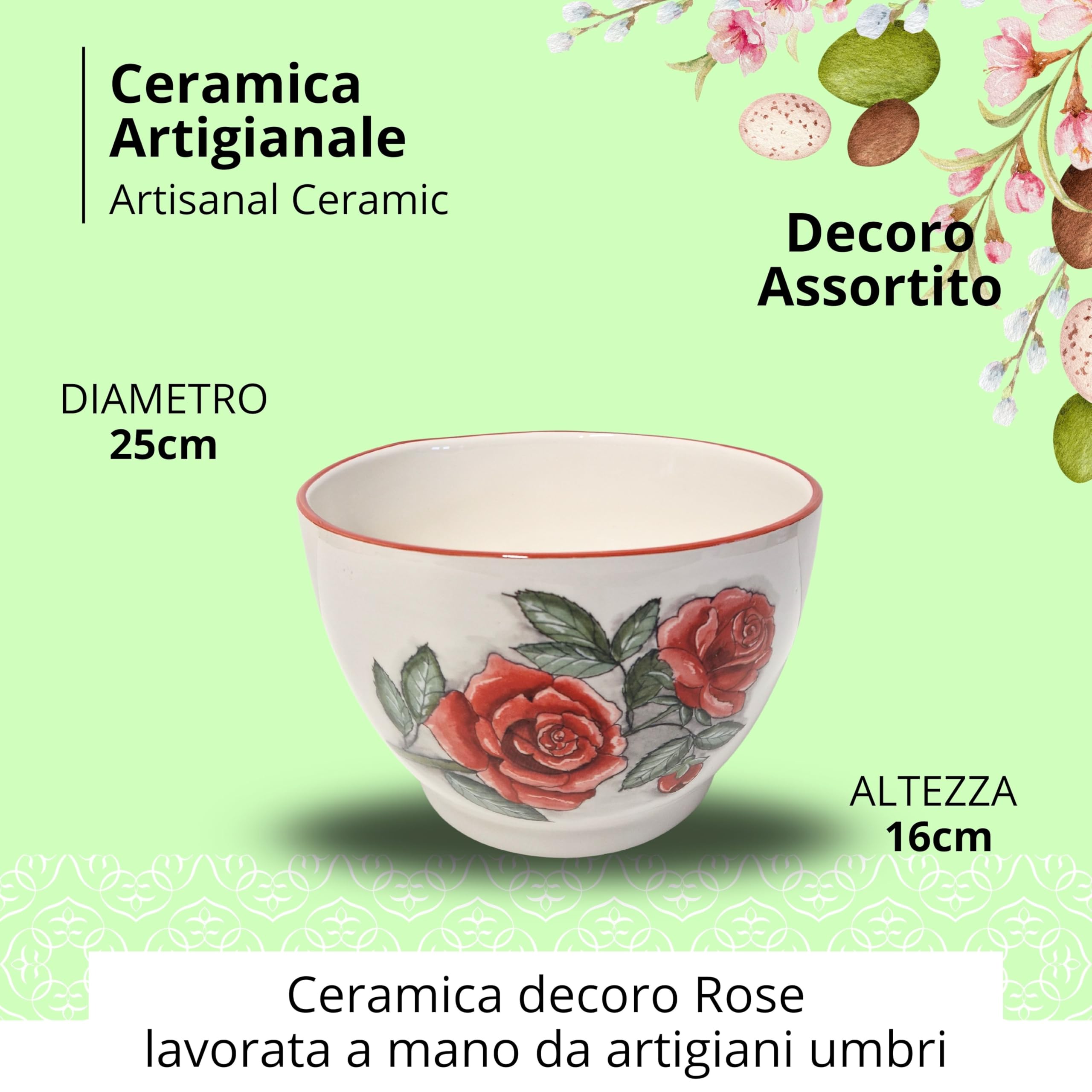 Speciale Italia – Centrotavola Rose Pasquale, Confezione Regalo con Colomba, Uovo di Pasqua e Spumante, Cesto Dolce in Ceramica Italiana Lavorata a Mano