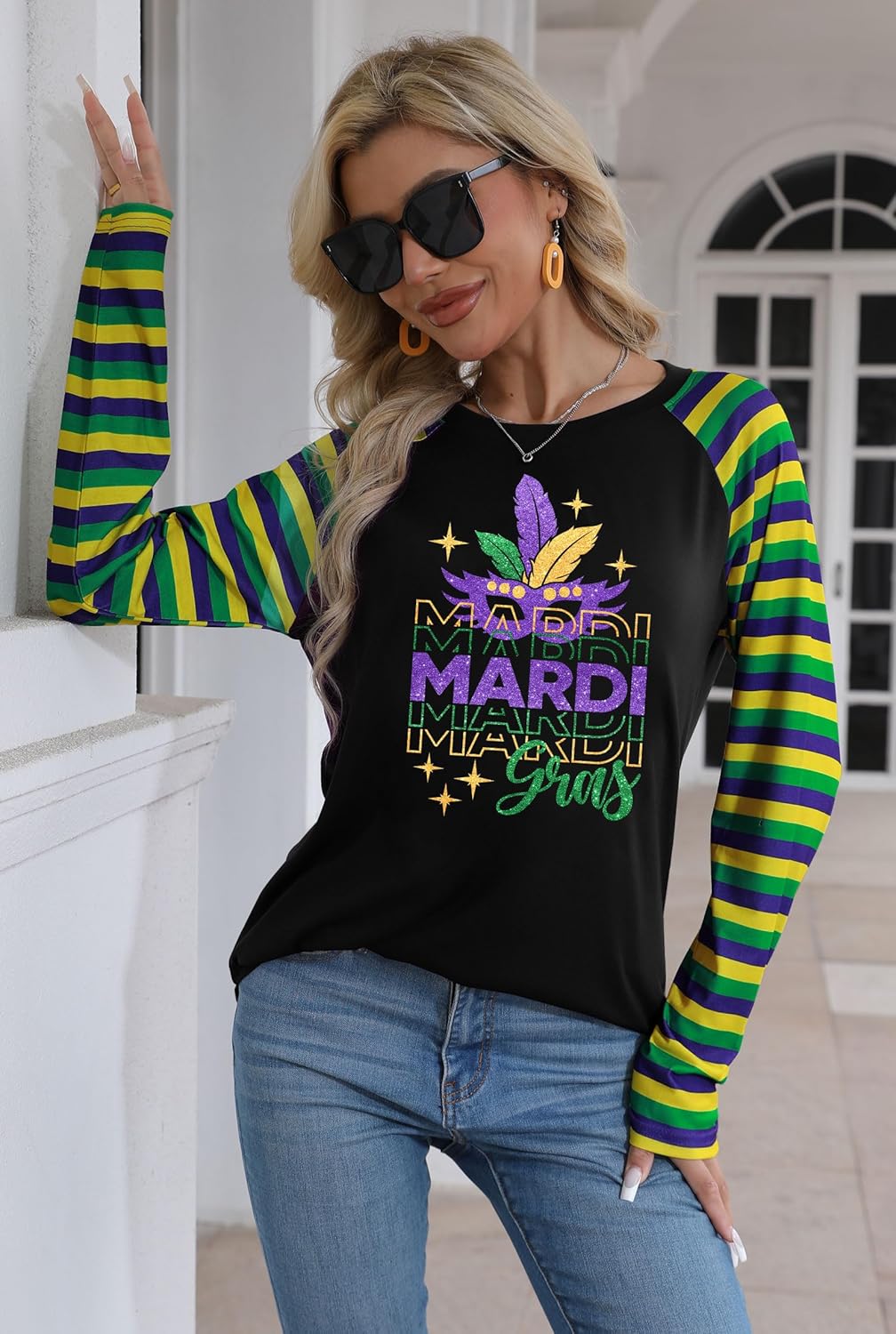 Mardi Shirts for Women: Carnival Glitter Mask Graphic T Shirt Mardi Outfit Fat Tuesday Long Sleeve Tops - Image 4