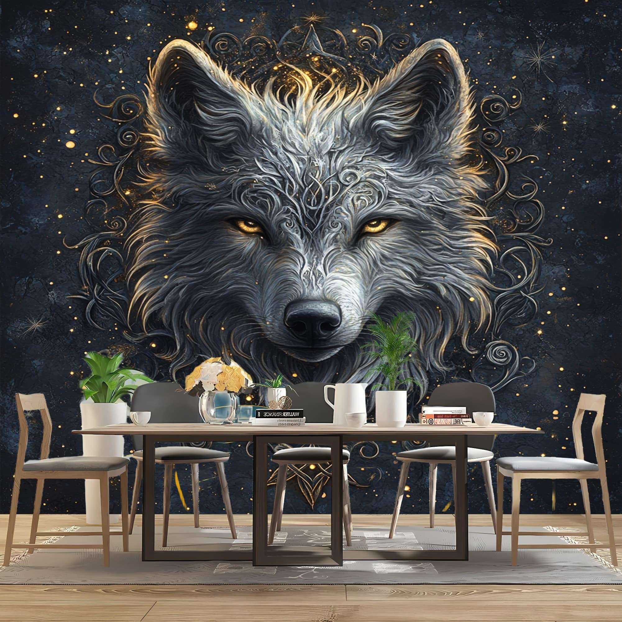 Dekoracja 3D, obraz ścienny, fantazja, głowa wilka, fototapeta, włóknina, druk artystyczny, czarny, dekoracja ścienna, ściana do salonu, jadalni, sypialni, mieszkania, obrazy ścienne 400 x 280 cm