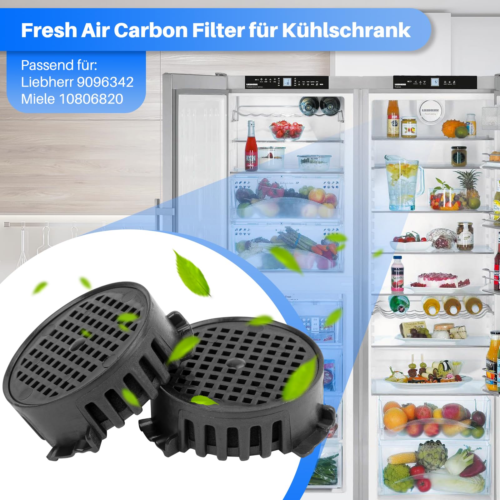 Pack de 2 filtres à charbon actif pour réfrigérateur Liebherr 9096342 9881116, filtre à air frais pour Miele 10806820, filtre à charbon rond Ø 45 mm