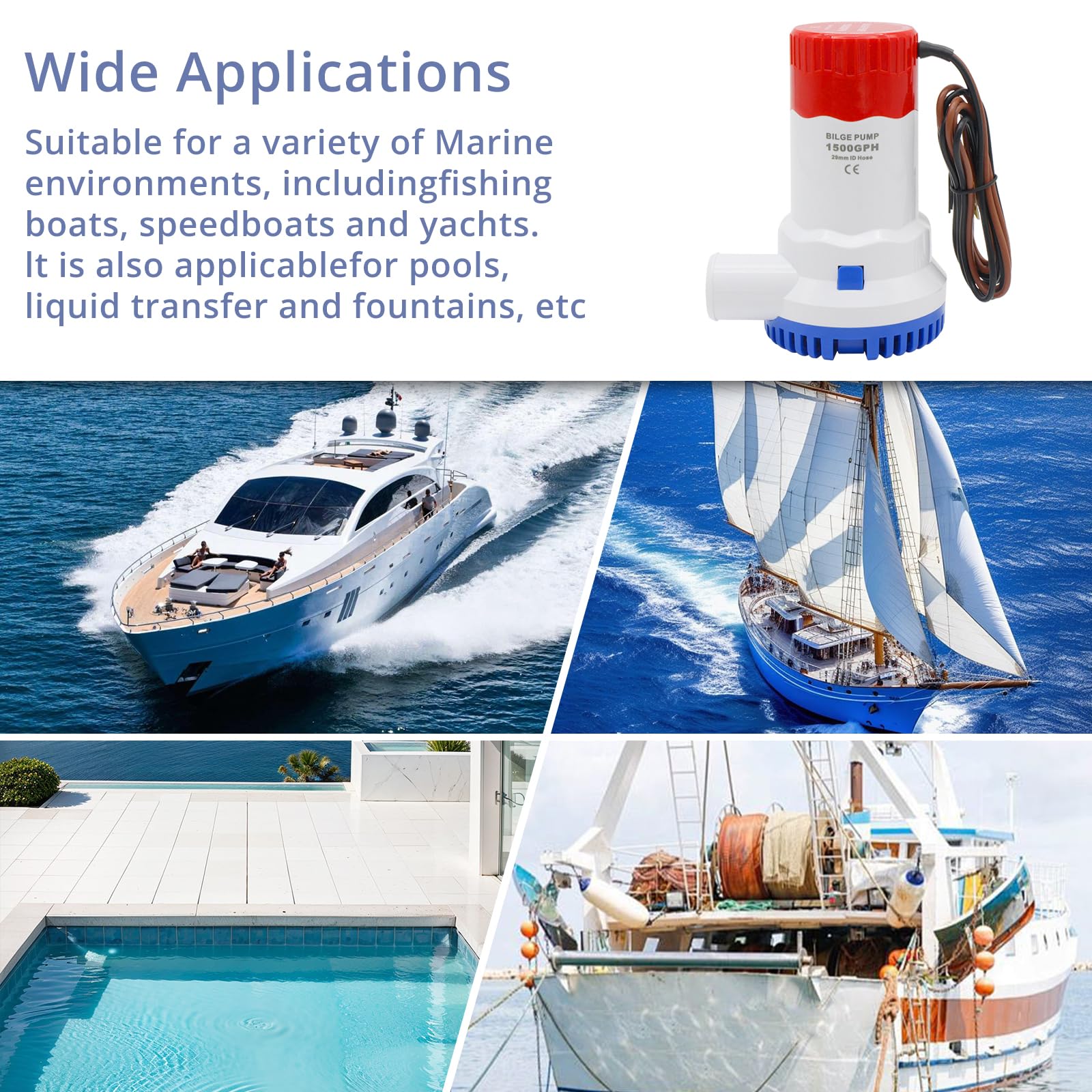Bilgepumpe 12V 1500GPH Boot Bilge Wasserpumpe, Elektrische Marine Bilgepumpe mit Automatischer Boot Bilgepumpe Schwimmerschalter