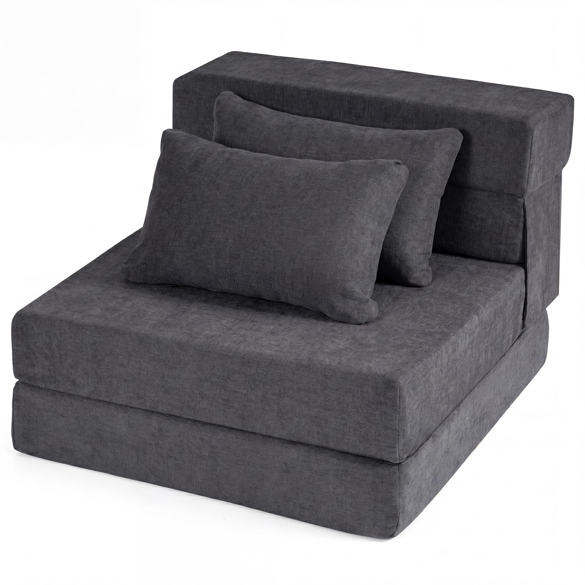 SOARS Divano Letto 2 Posti Pieghevole, 3 in 1 Divanetto Trasformabile con 2 Cuscini, Schiuma ad Alta Densità e Rivestimento in Tessuto Chenille, Poltrona Letto per Soggiorno (Grigio,72 x 76 x 58 cm)