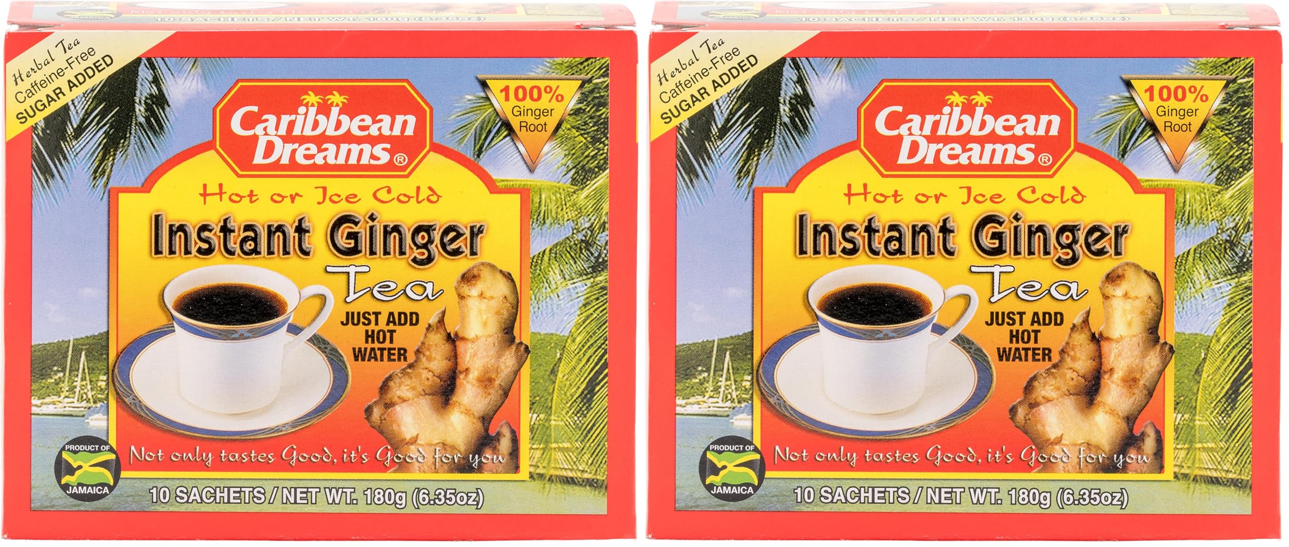 Caribbean Dreams Instant Ginger Tea, 100% Natural from Jamaica, Strong Taste and Aroma, 10 Sachets (Pack of 2)