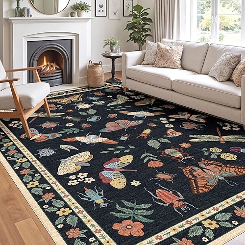 Miniatura 16 de Alfombra floral para sala de estar, 5 x 8 pies, color marfil, suave, lavable, bohemia, para dormitorio, estética, resistente a las manchas,